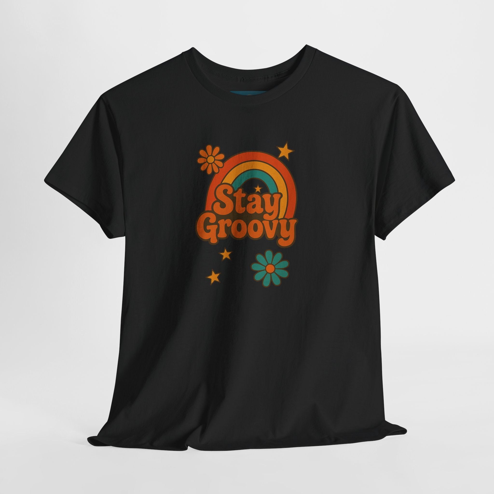 Black t-shirt with 'Stay Groovy' design featuring a rainbow and flowers on a white background