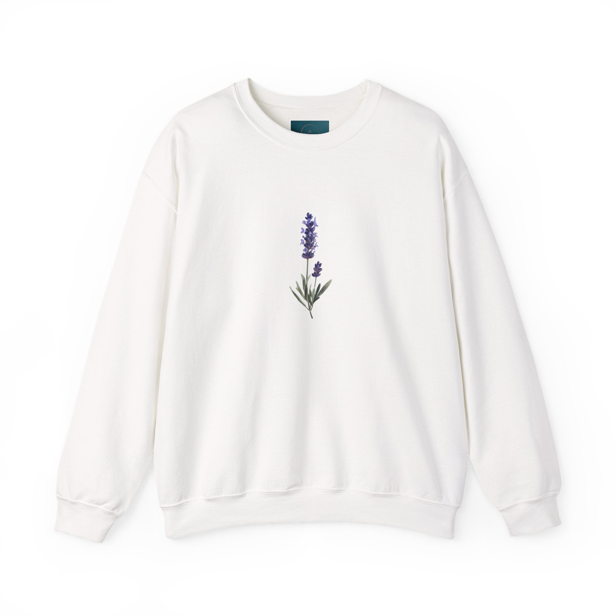 White sweatshirt with a lavender flower design on a white background