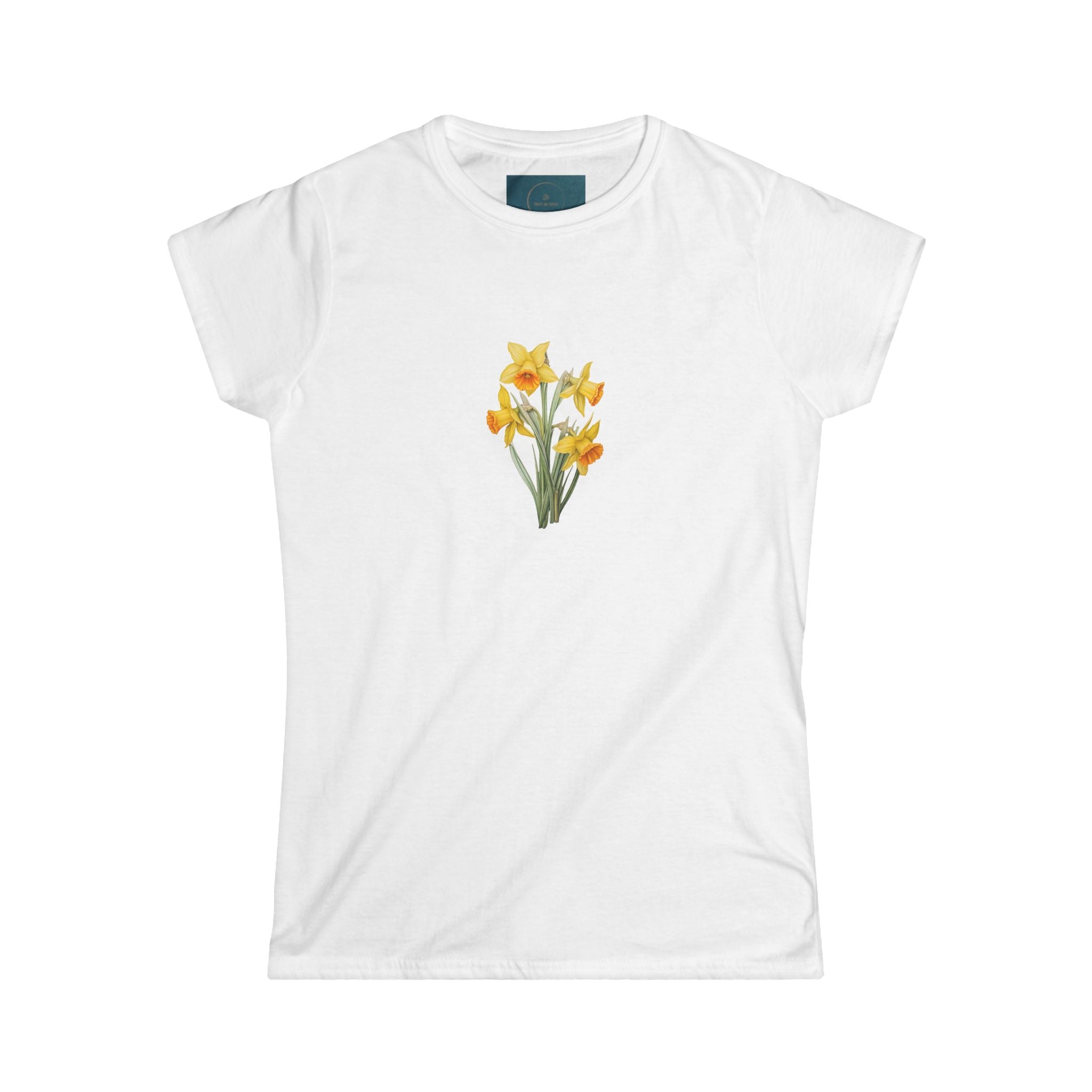 White t-shirt with a floral daffodil design on a white background
