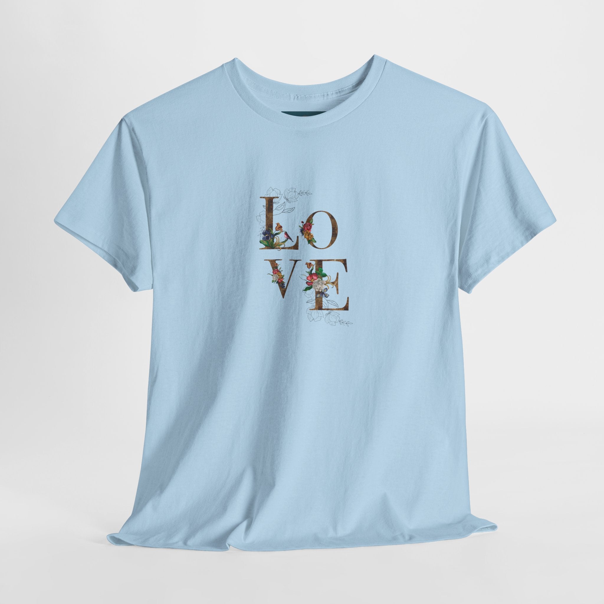 Light blue t-shirt with 'LOVE' print on a light gray background