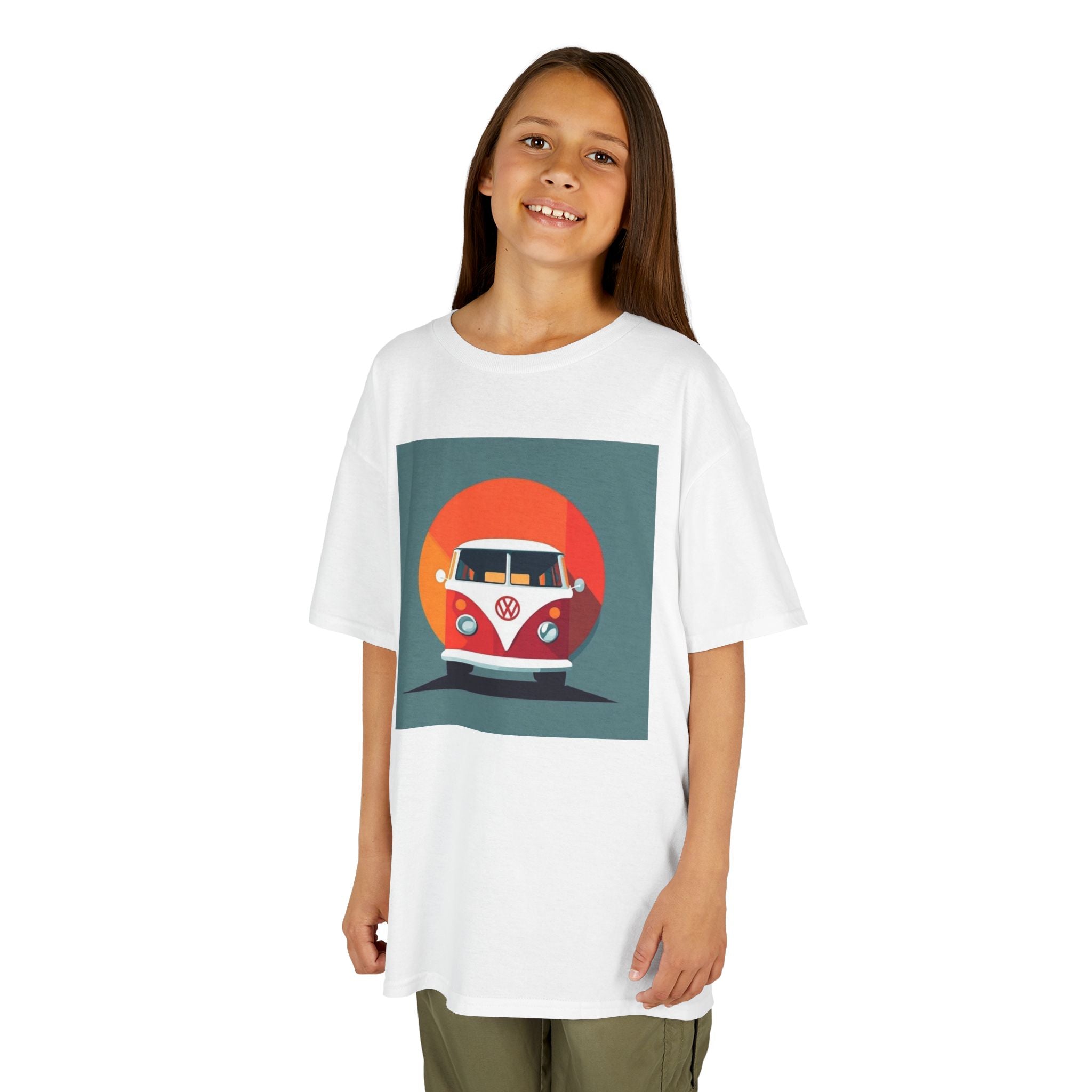 Child wearing a white t-shirt with a graphic of a vintage VW Kombi on a white background