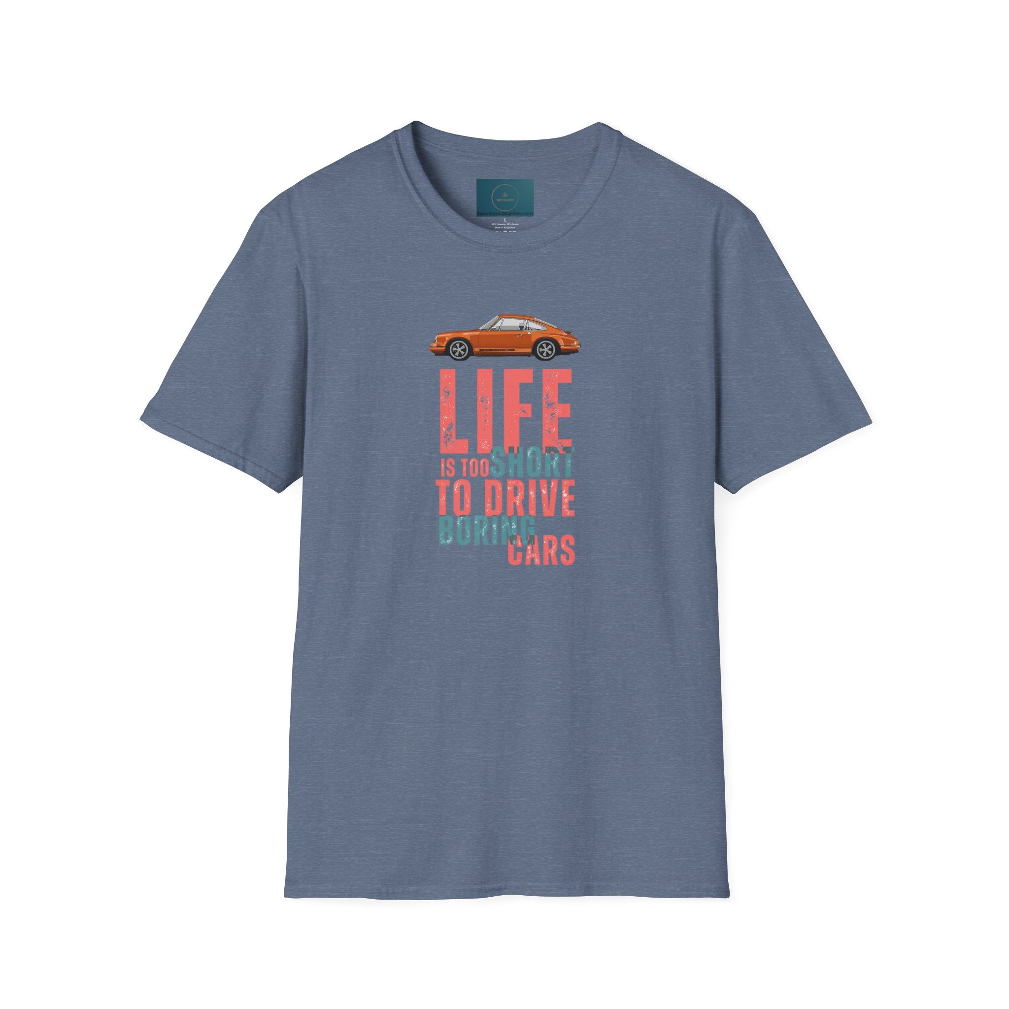 Blue t-shirt with a graphic of a car and text on a white background