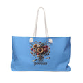 Blue tote bag with floral design and 'Bouquet' text on a white background