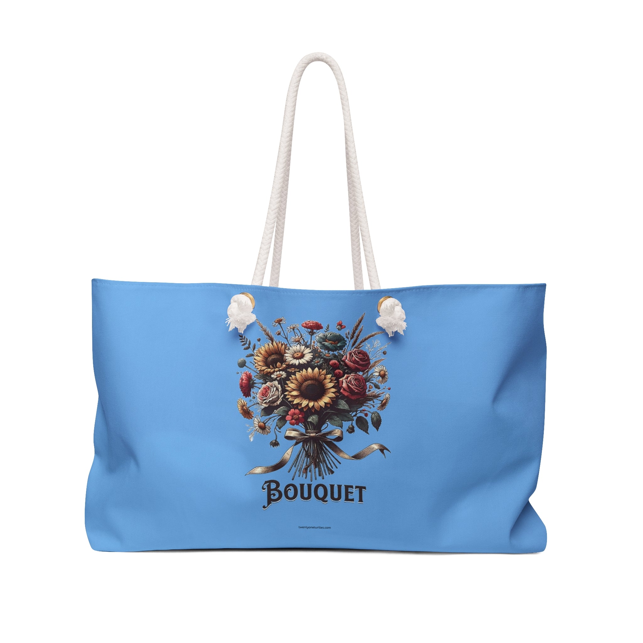 Blue tote bag with floral design and 'Bouquet' text on a white background