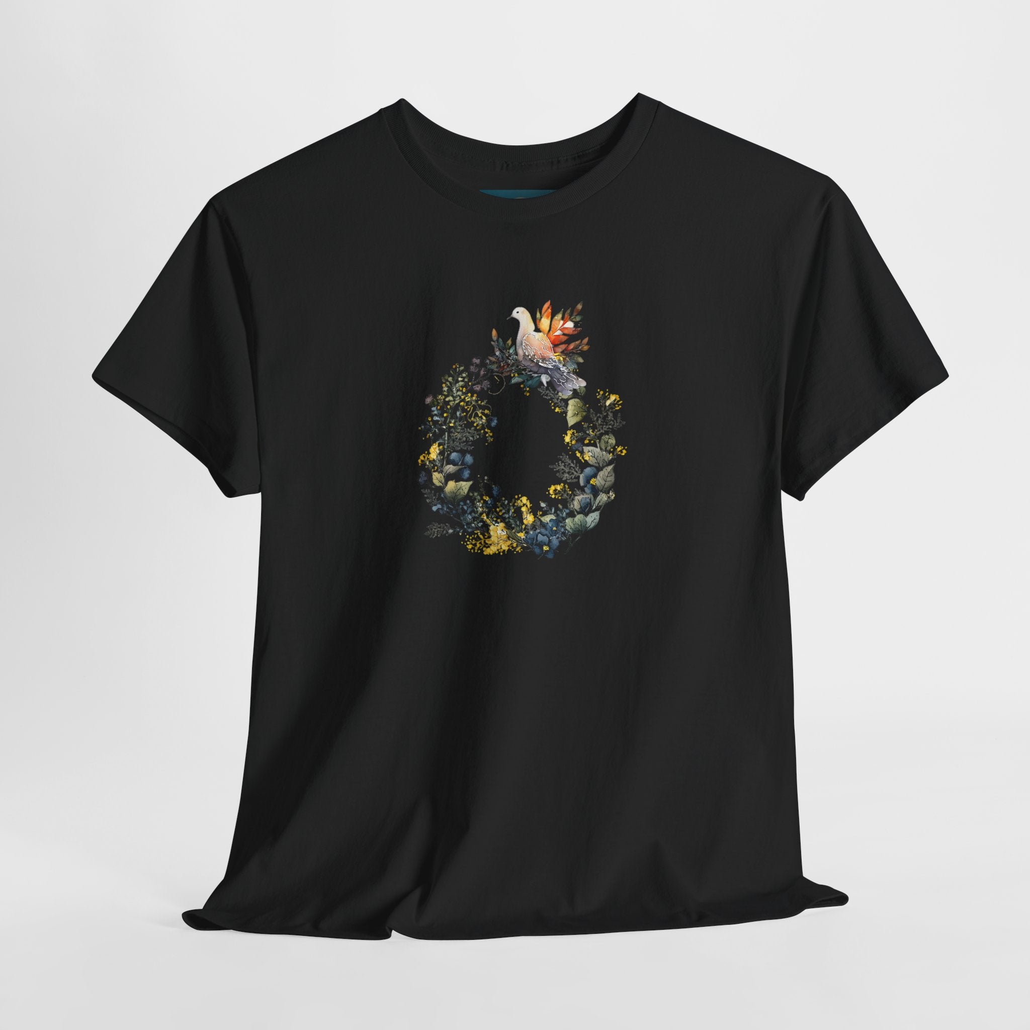 Black t-shirt with a floral design on a white background