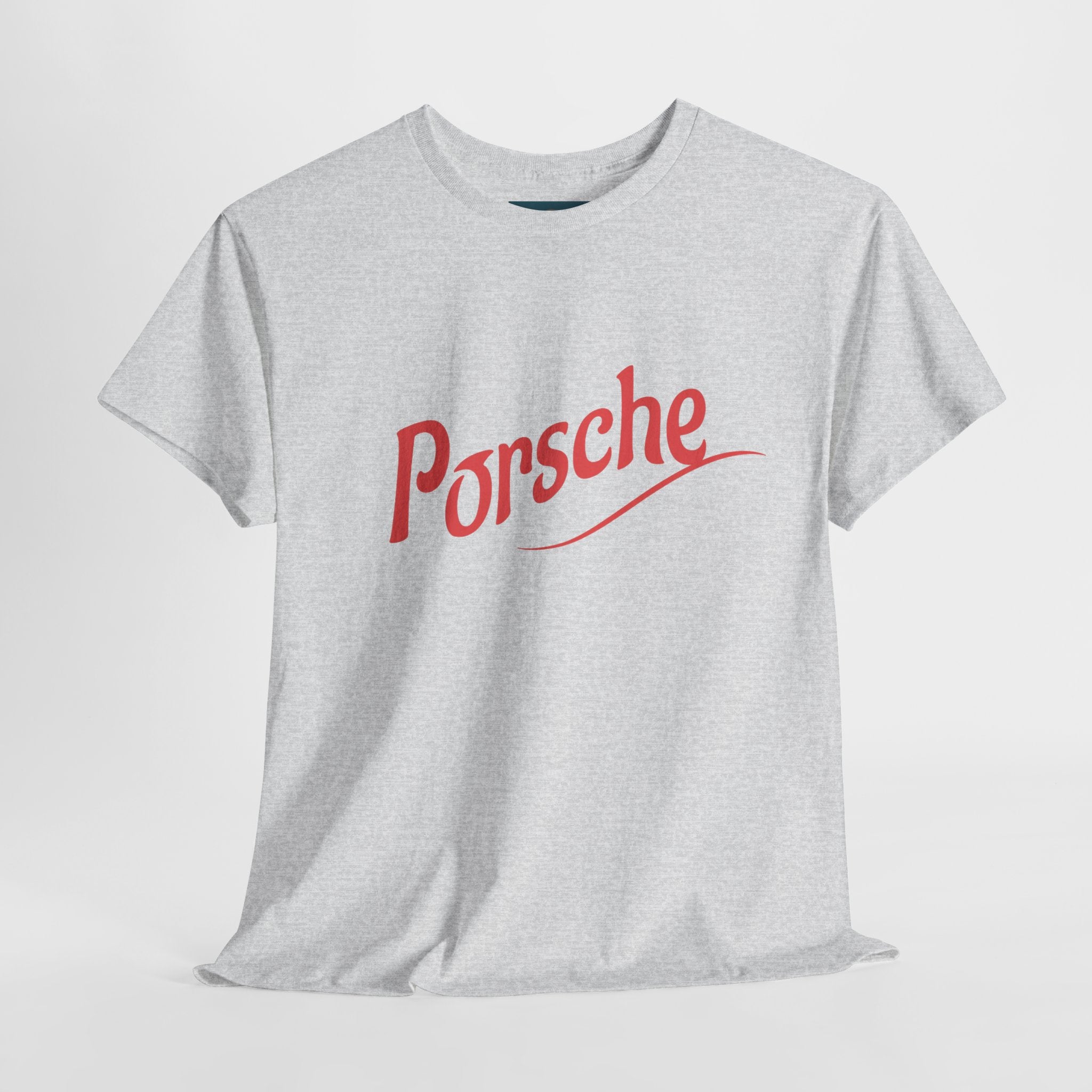 Gray t-shirt with red 'Porsche' logo on a white background