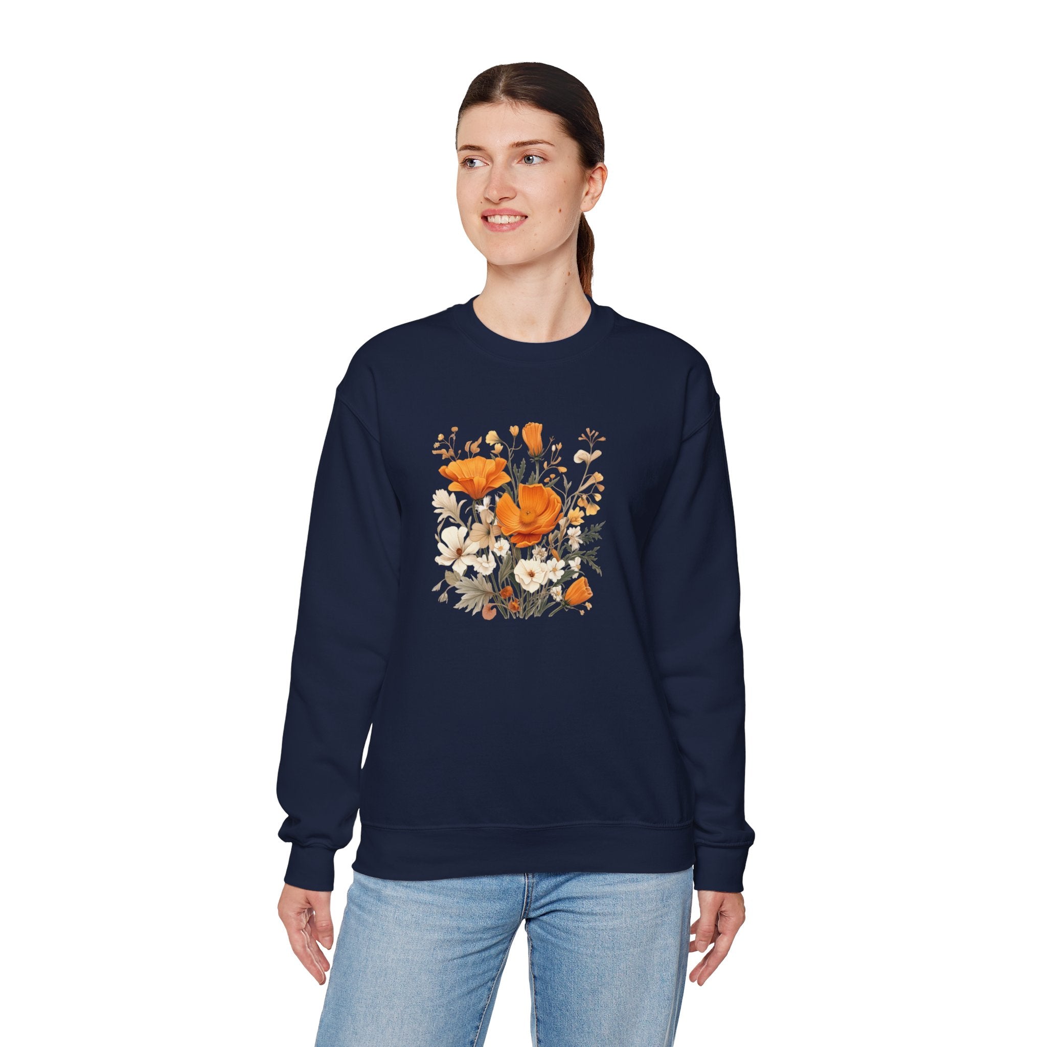 Floral Print Sweatshirt – Bold Orange Blooms | Cozy Nature-Inspired Gift & Spring Fashion