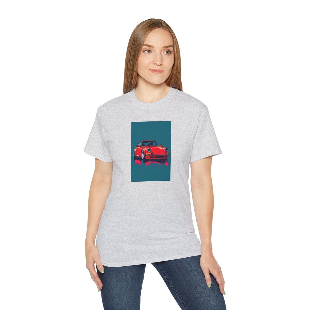 Person wearing a gray t-shirt with a red porsche car graphic on a white background