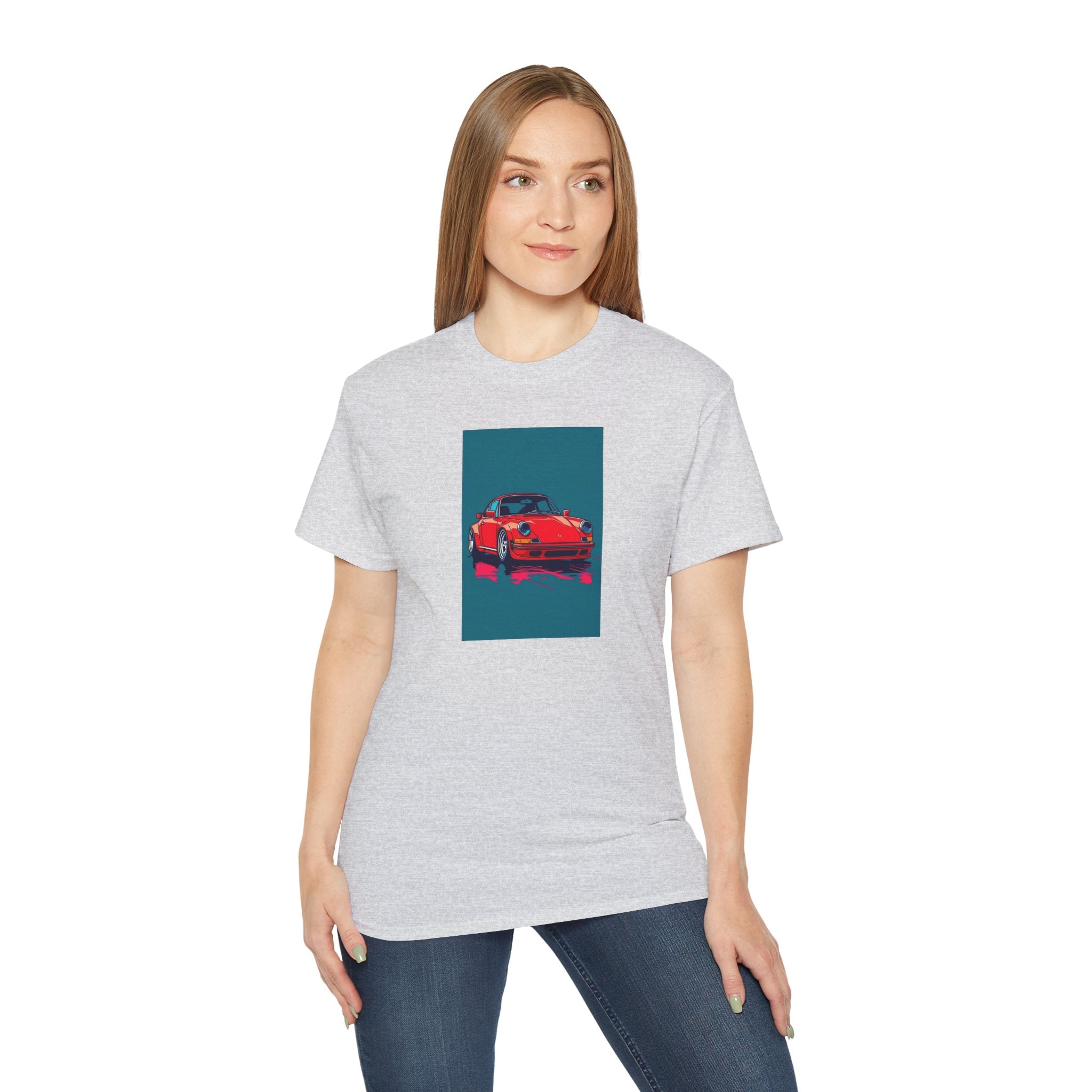 Person wearing a gray t-shirt with a red porsche car graphic on a white background