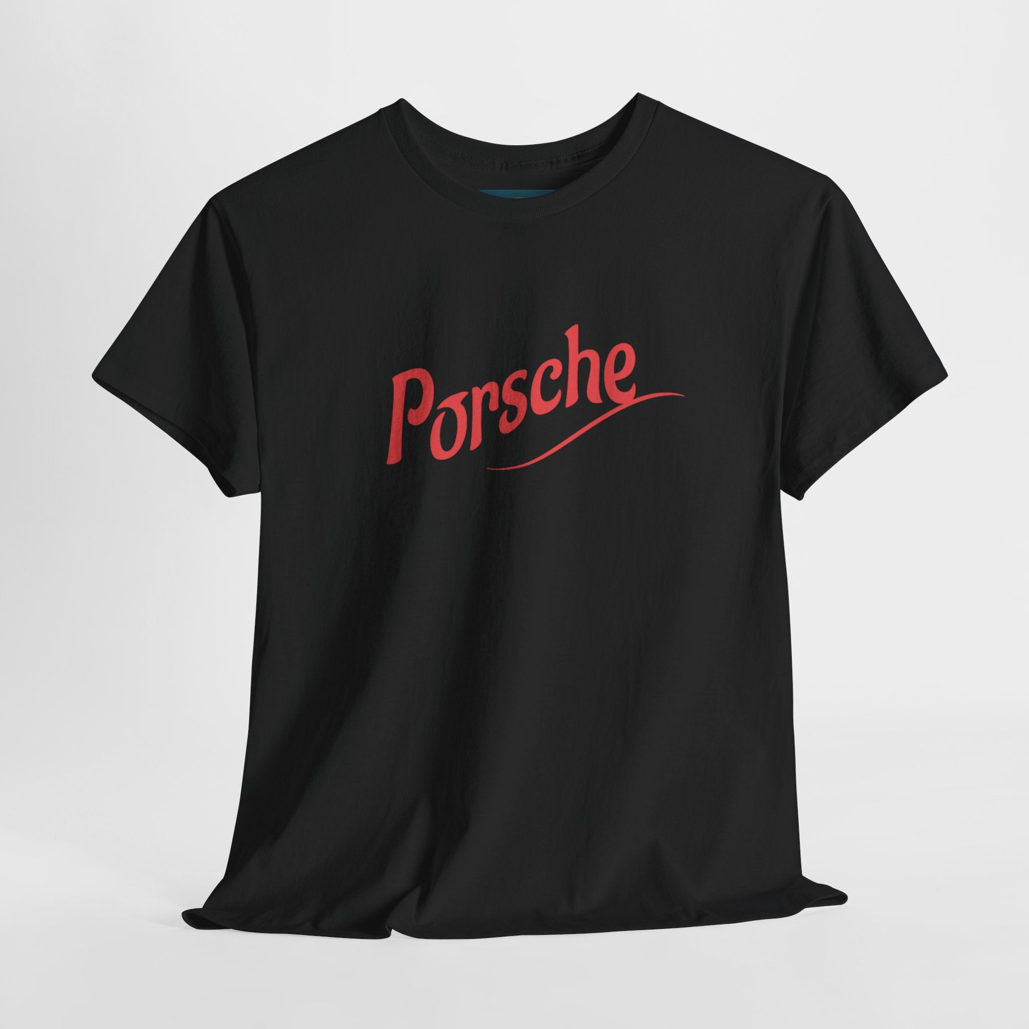 Black t-shirt with red 'Porsche' logo on a light gray background