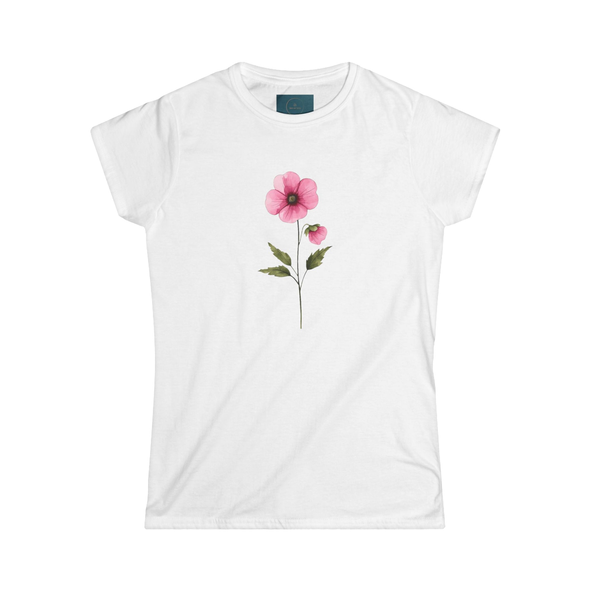 White t-shirt with pink floral design on a white background