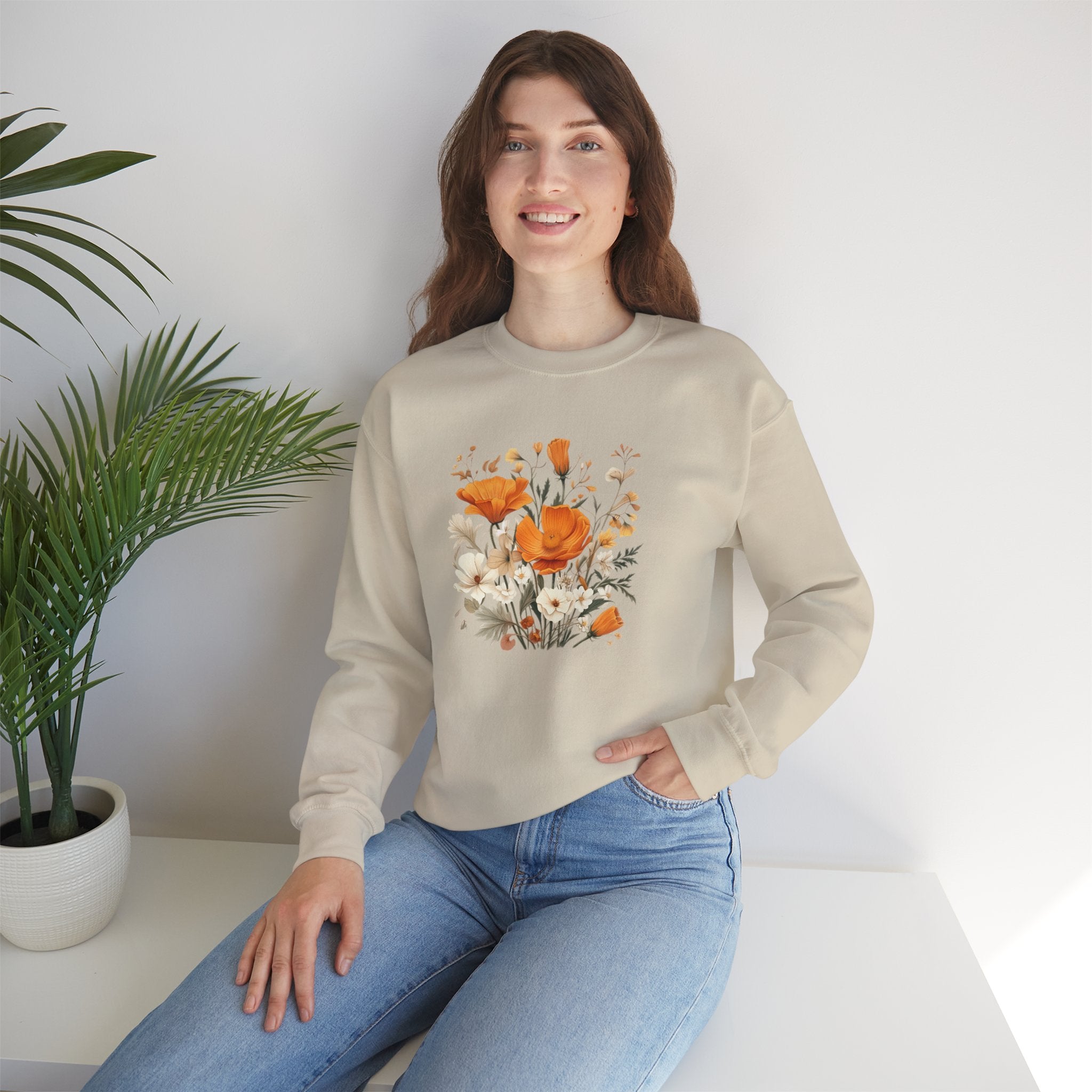 Floral Print Sweatshirt – Bold Orange Blooms | Cozy Nature-Inspired Gift & Spring Fashion