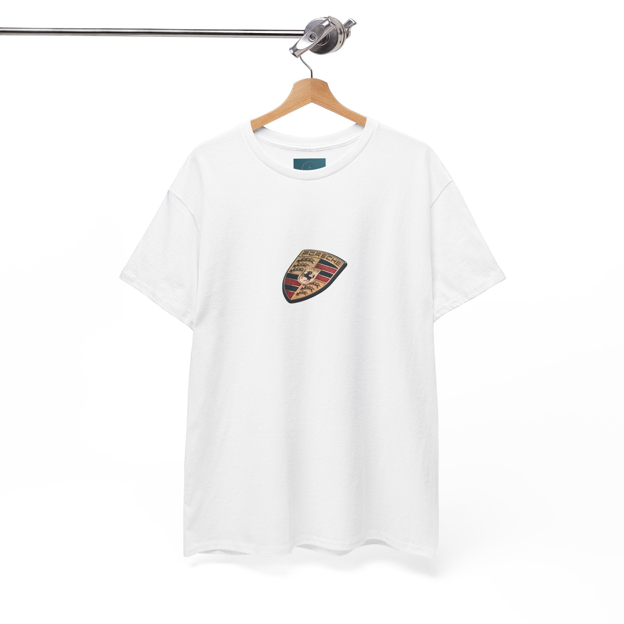 White t-shirt with a porsche logo on a hanger against a white background