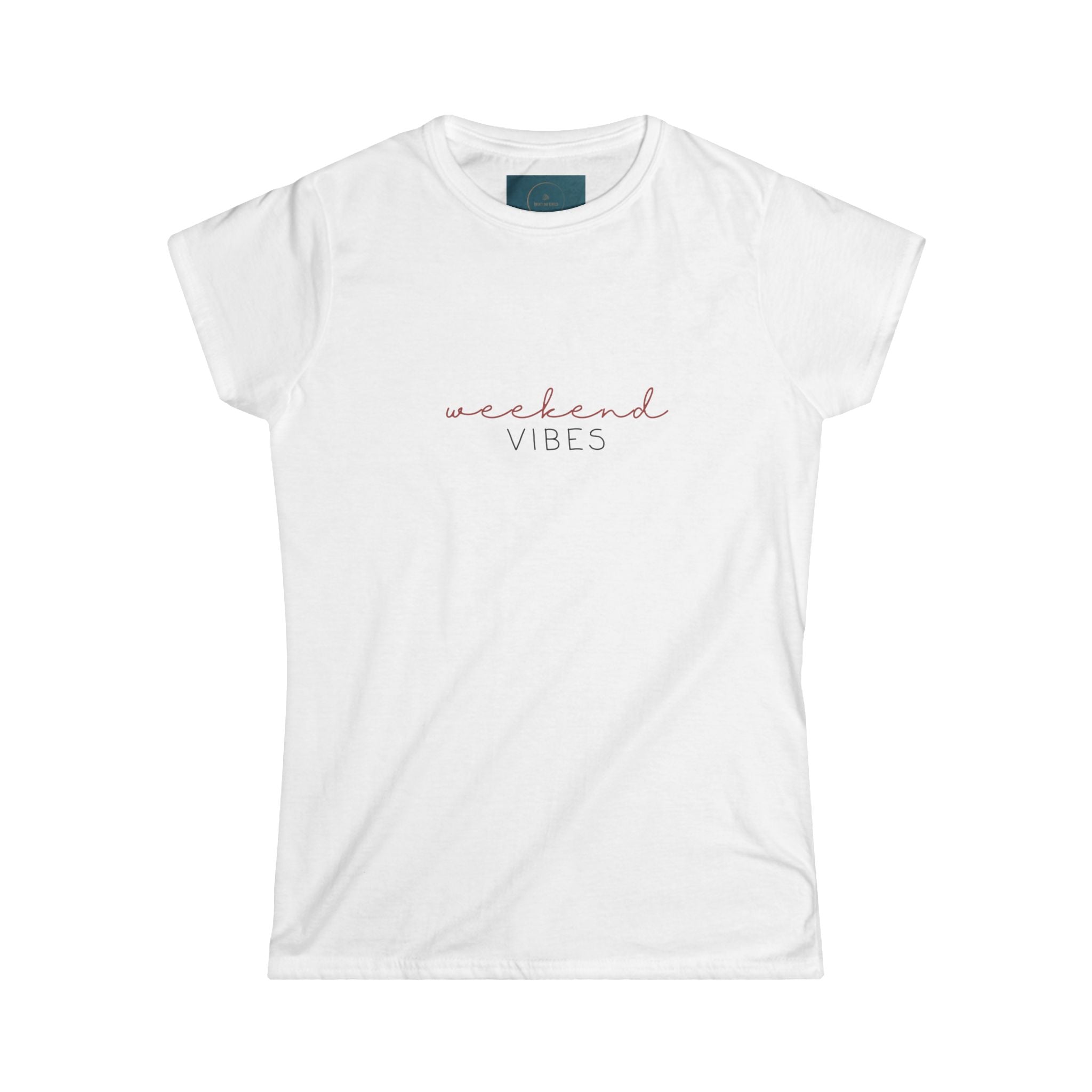 White t-shirt with 'weekend vibes' text on a white background