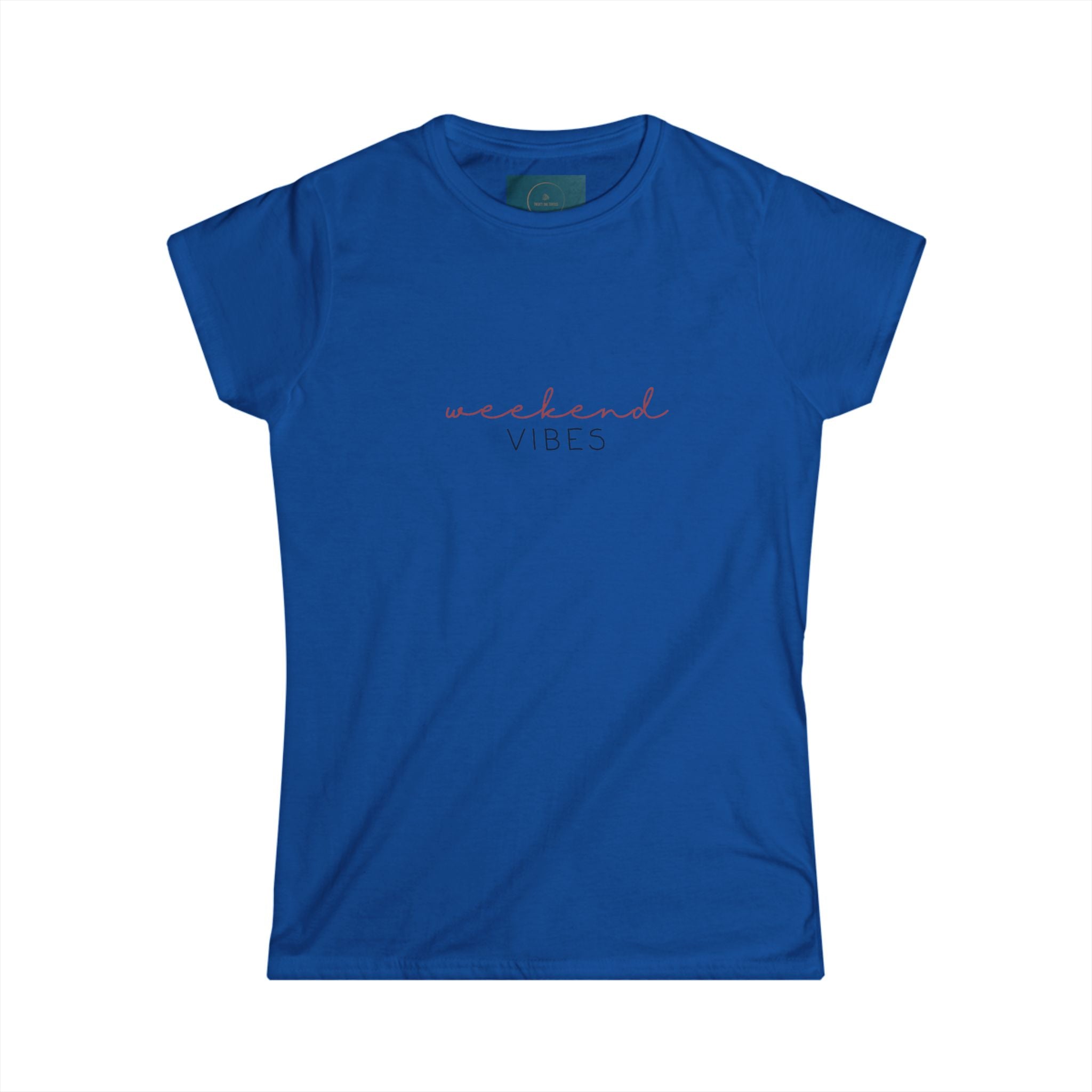Blue t-shirt with 'weekend vibes' text on a white background