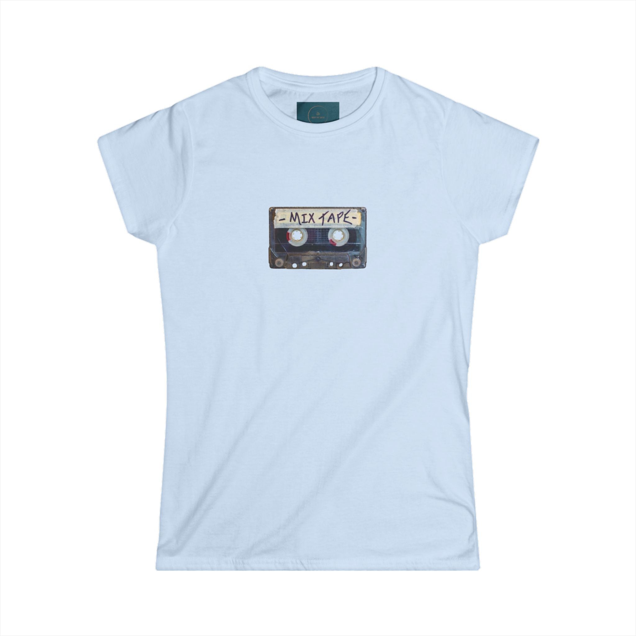 Light blue t-shirt with a cassette tape graphic on a white background