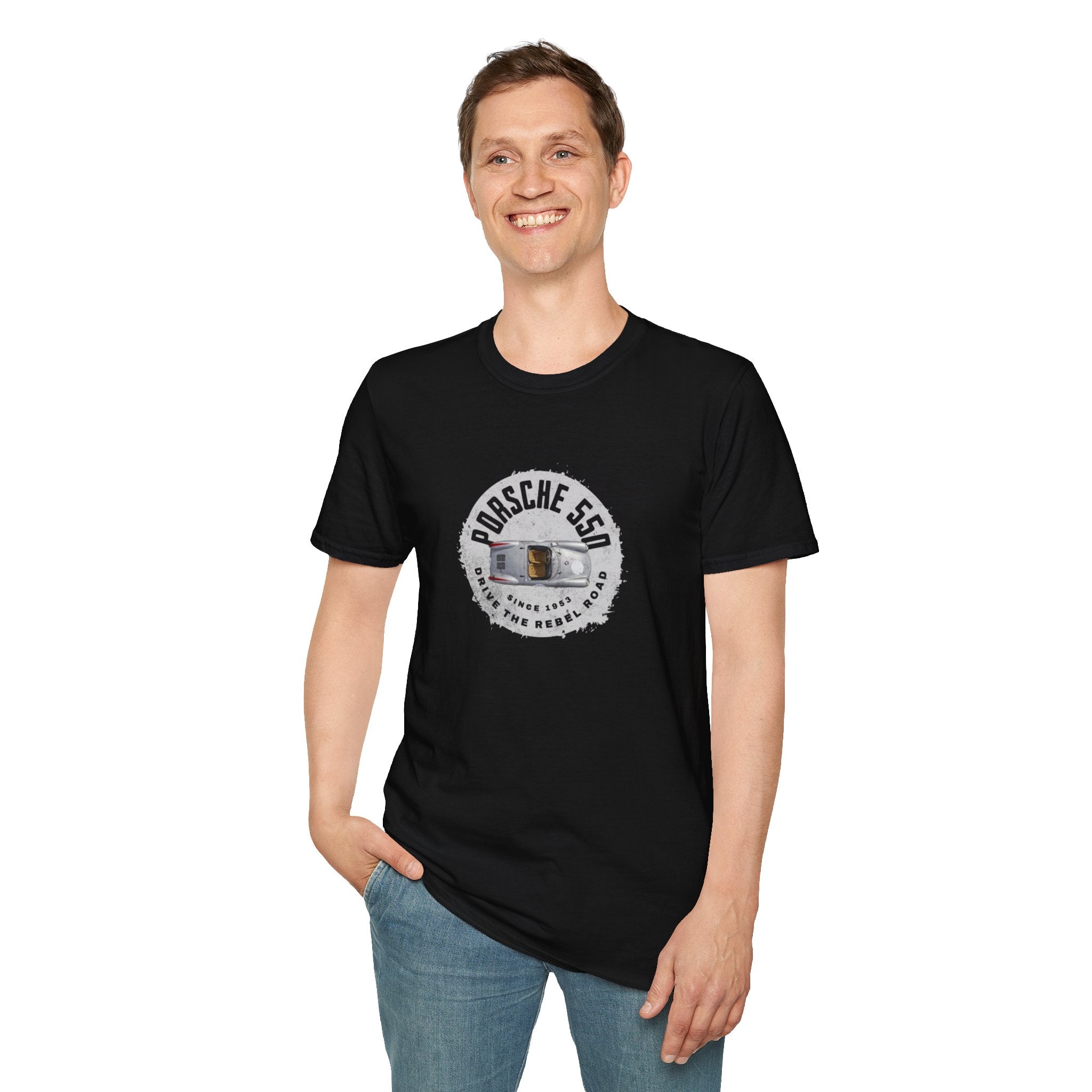 Person wearing a black t-shirt with a Porsche logo on a white background