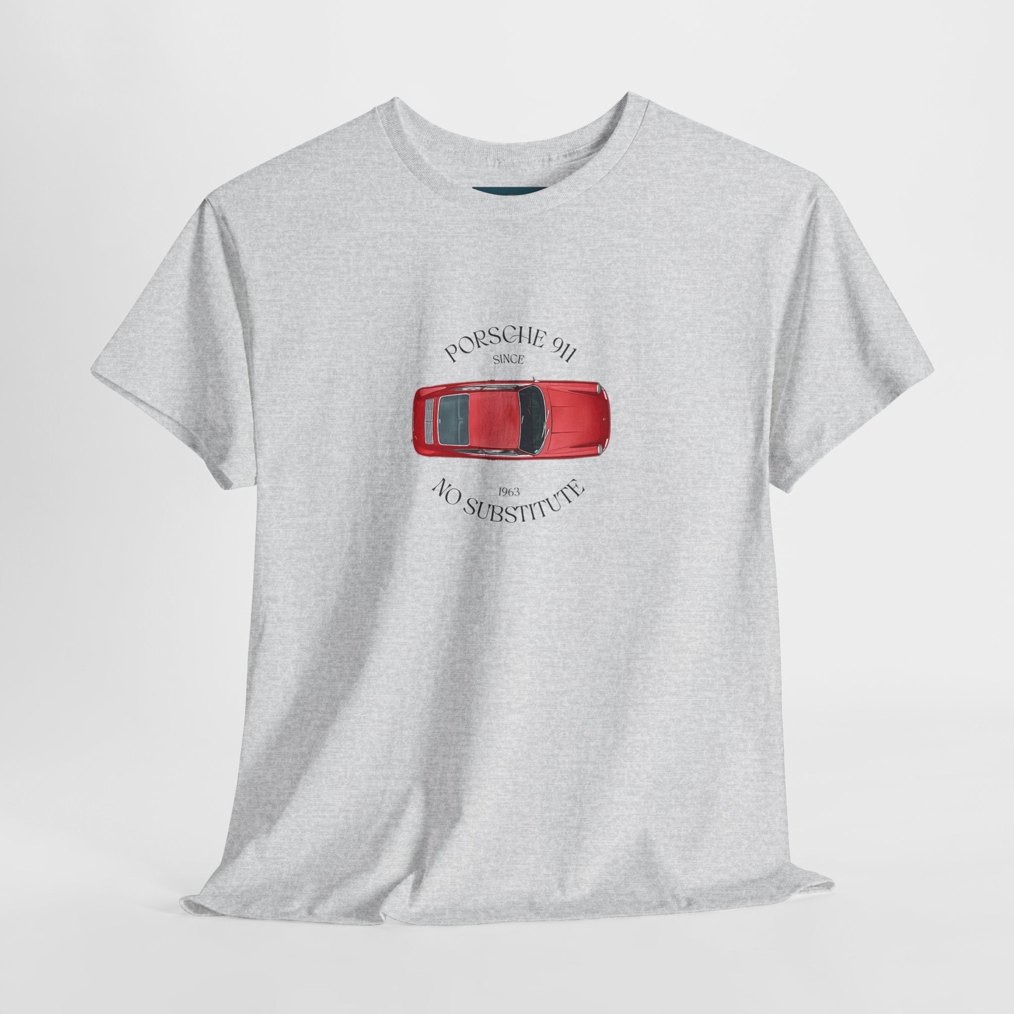Gray t-shirt with a red Porsche 911 car graphic and text on a white background