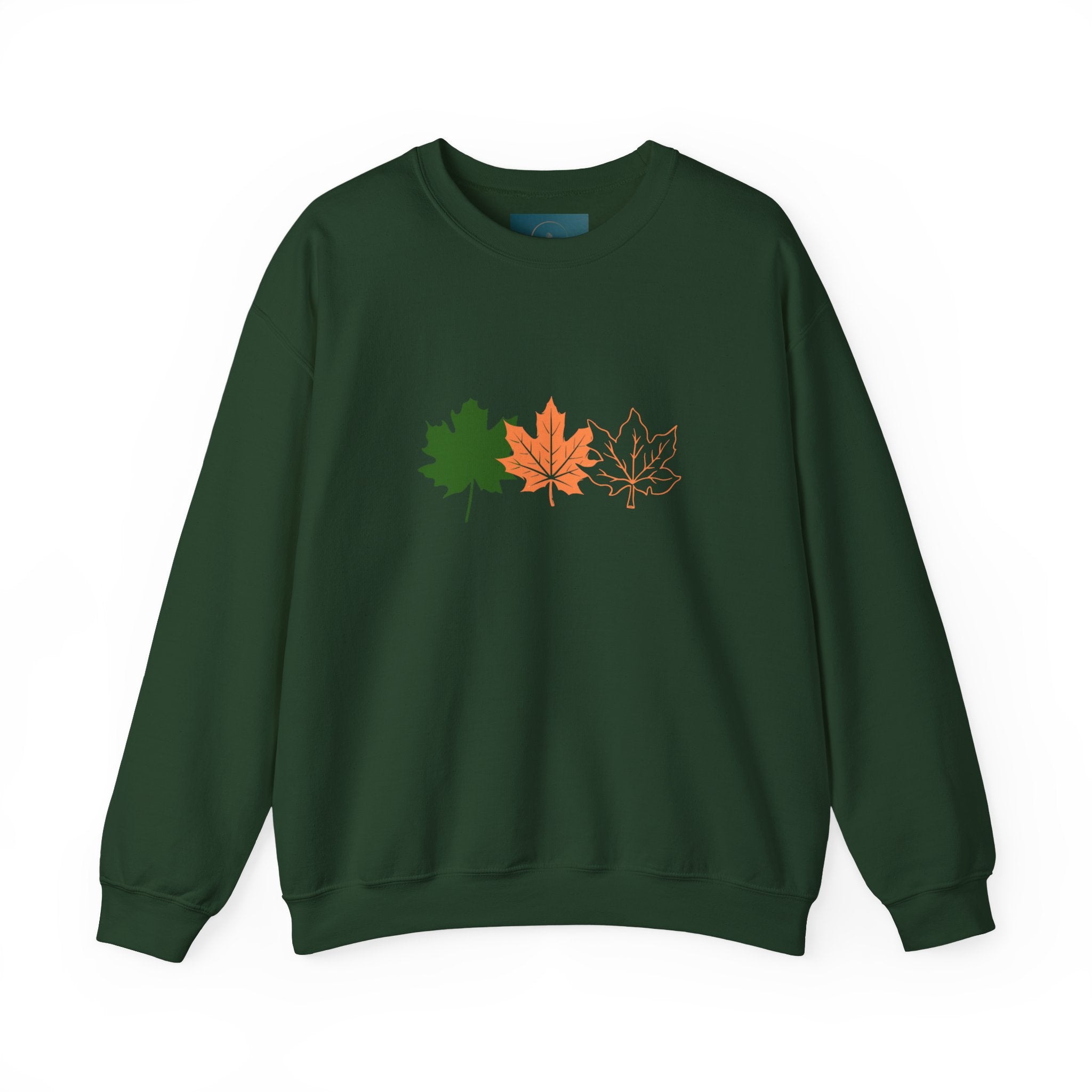 Green sweatshirt with leaf designs on a white background
