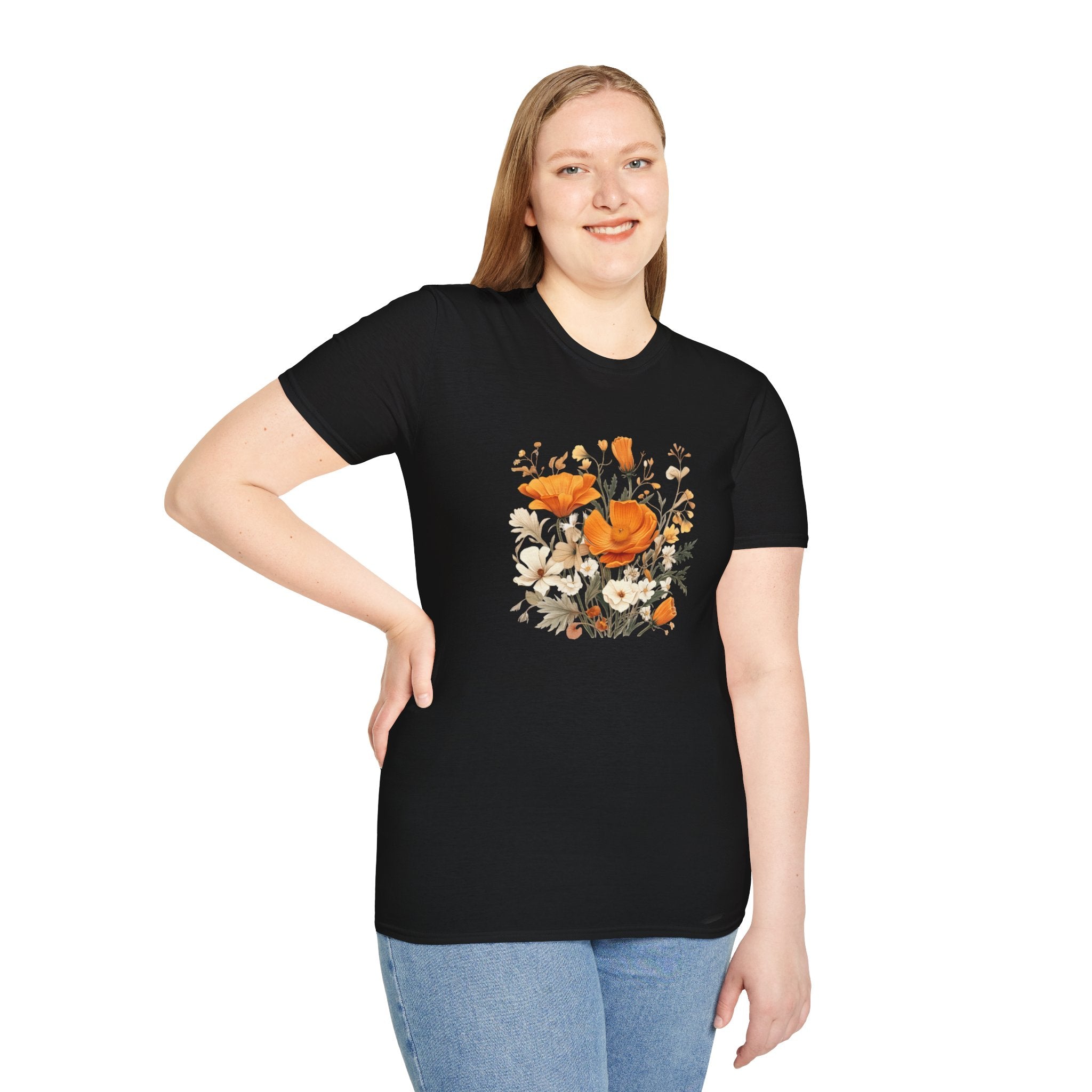 Floral Unisex T-Shirt – Bold Orange Blooms | Soft Nature Tee
