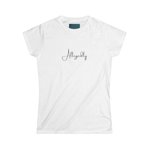 White t-shirt with 'Allegedly' text on a white background