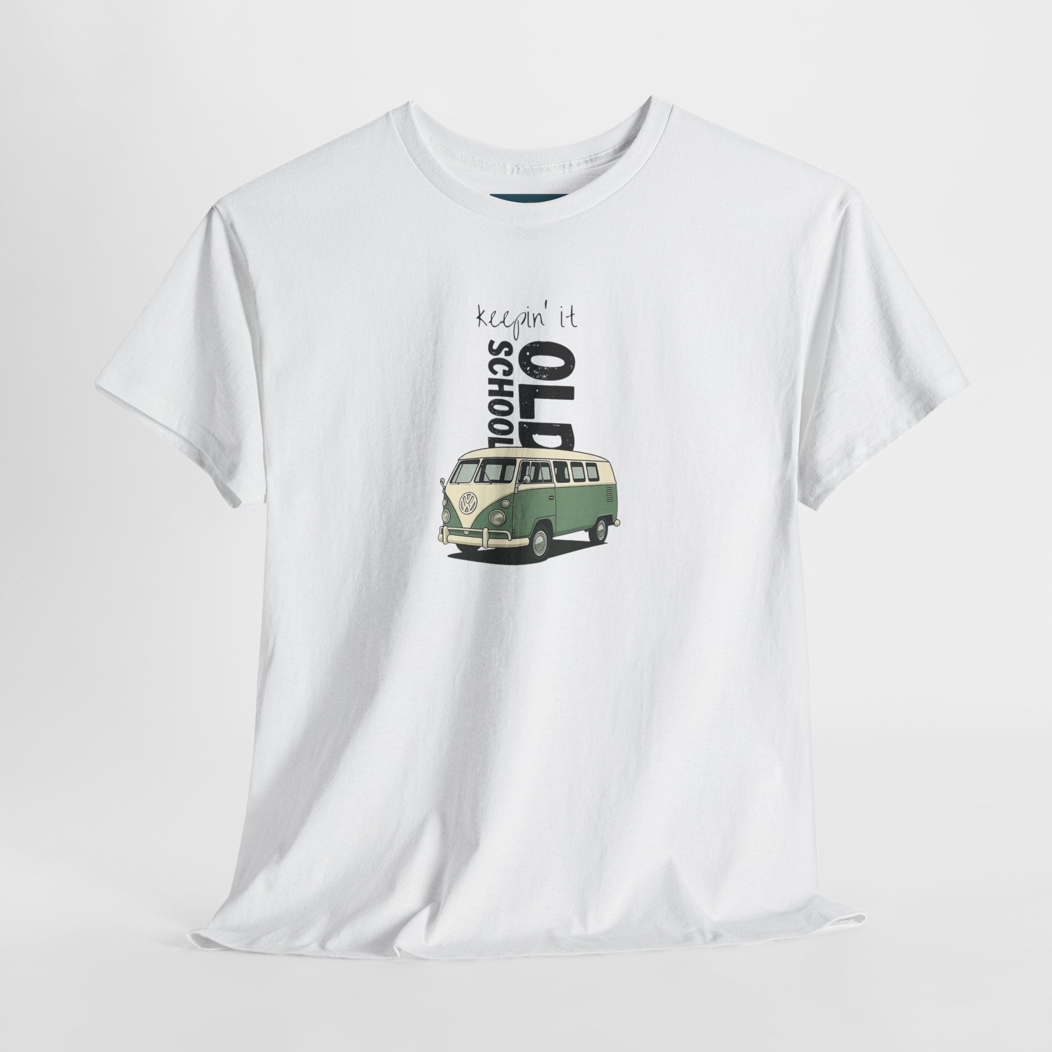White t-shirt with a graphic of a vintage vw van and text on a white background