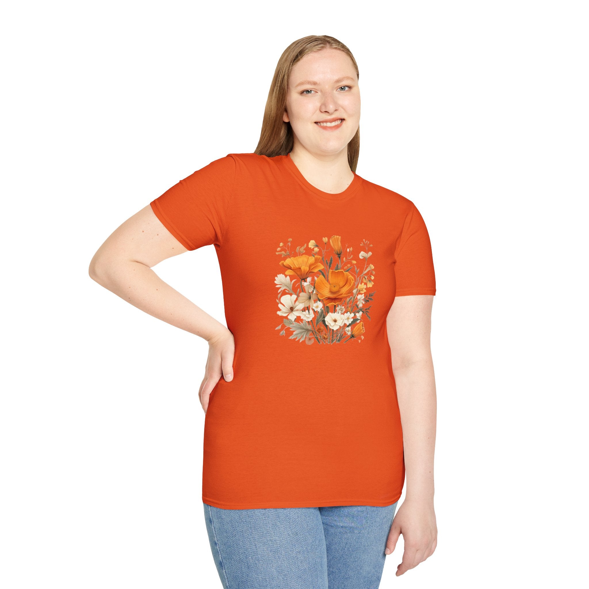 Floral Unisex T-Shirt – Bold Orange Blooms | Soft Nature Tee