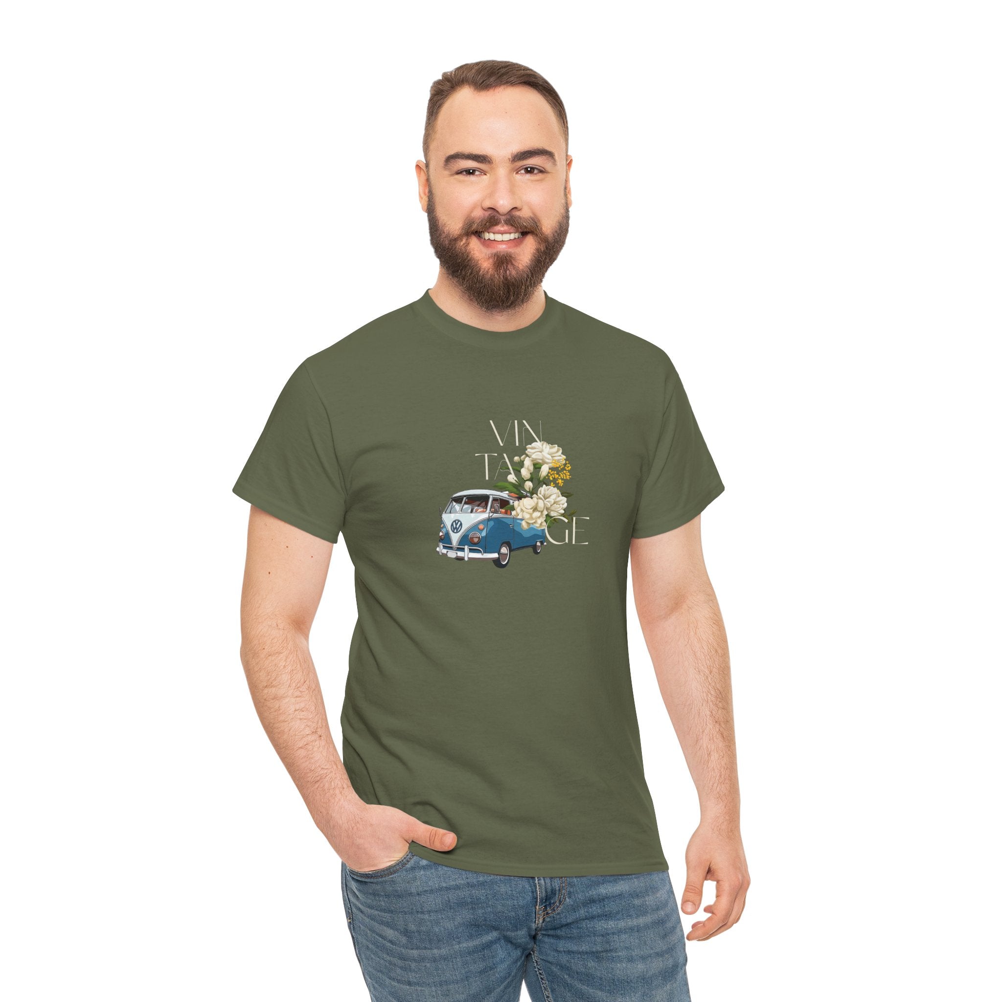 Vintage VW Bus T-Shirt - Unisex Heavy Cotton Tee | Vintage Floral Style VW Shirt