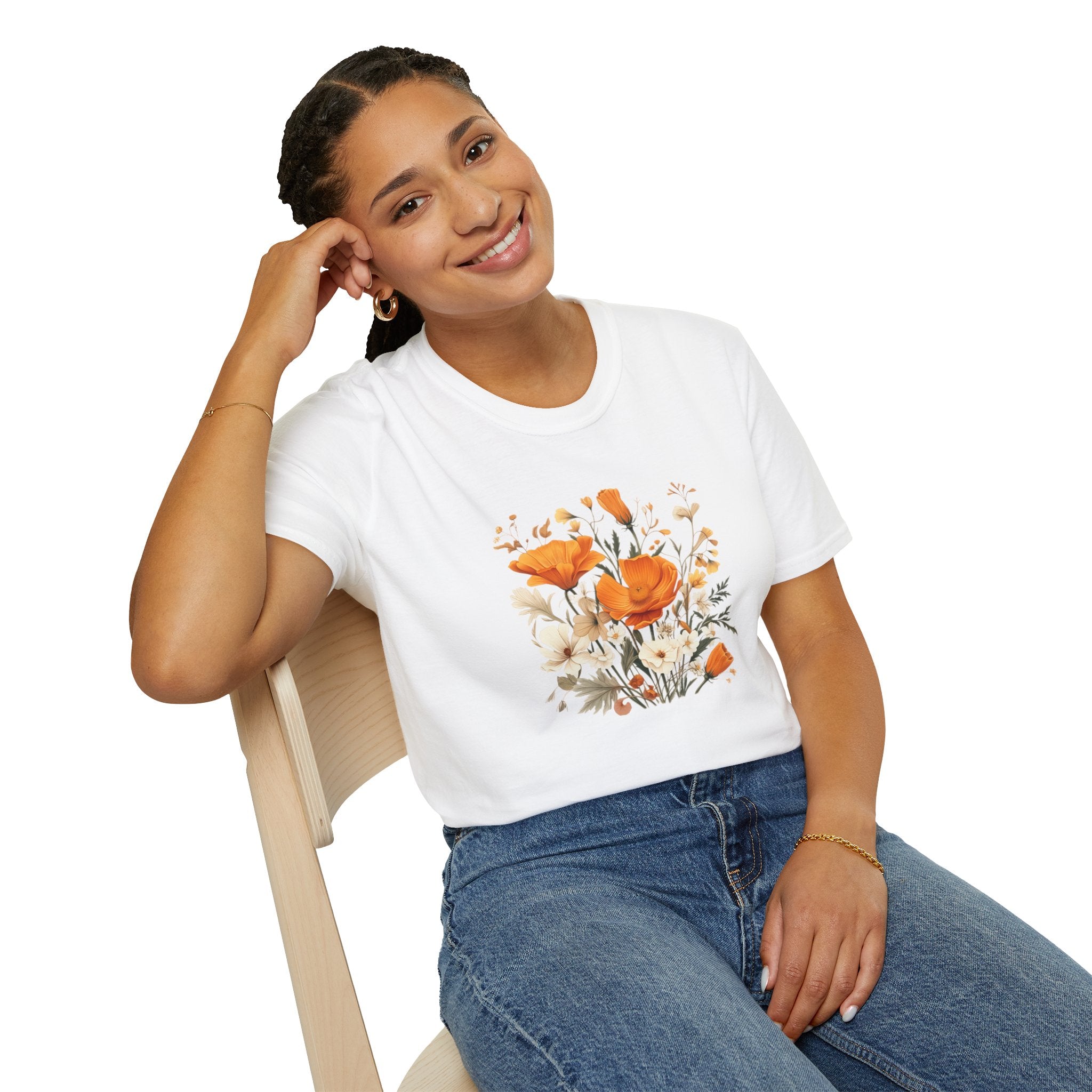Floral Unisex T-Shirt – Bold Orange Blooms | Soft Nature Tee