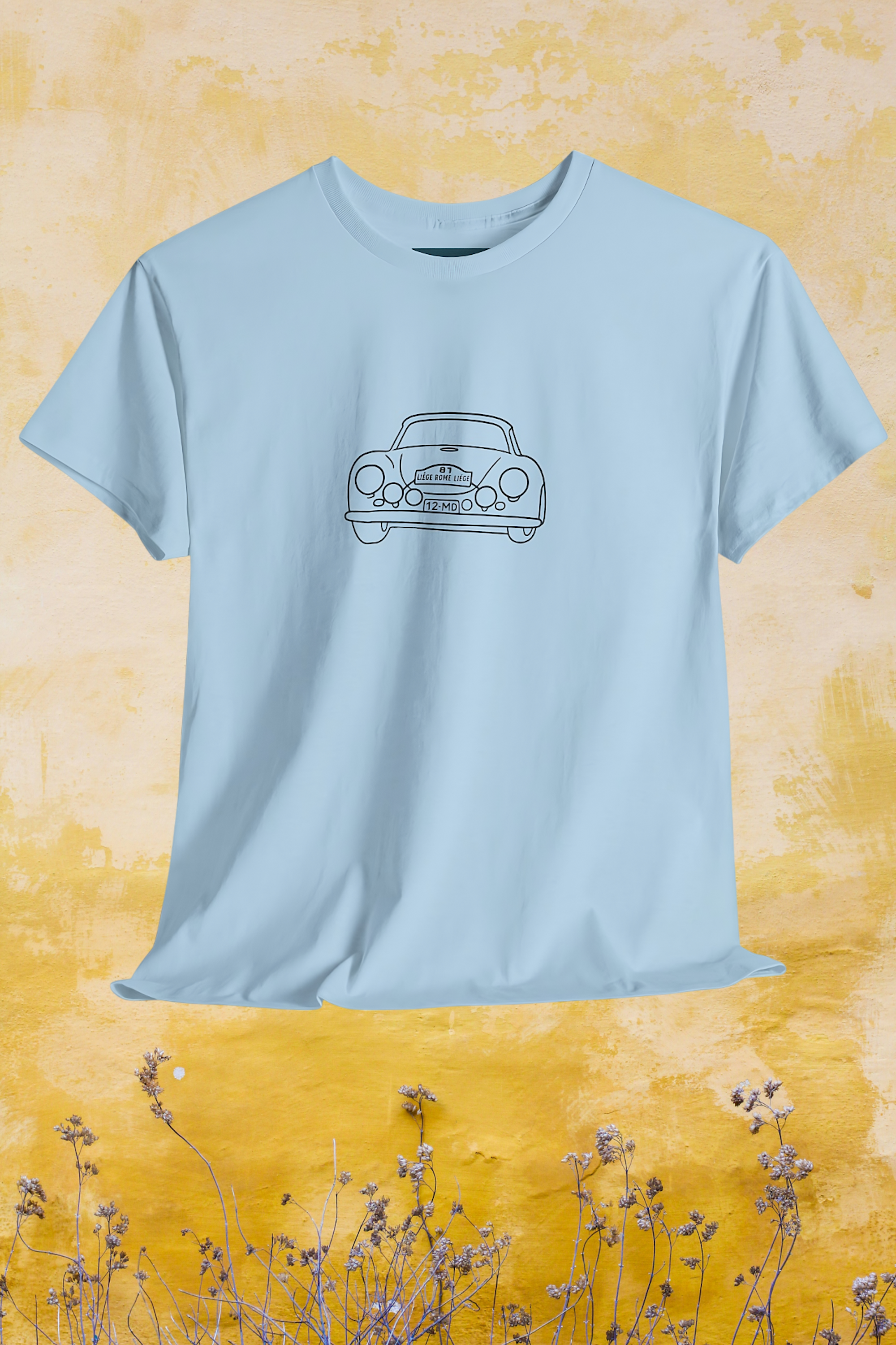 Light blue t-shirt with a porsche 356 car design on a yellow background