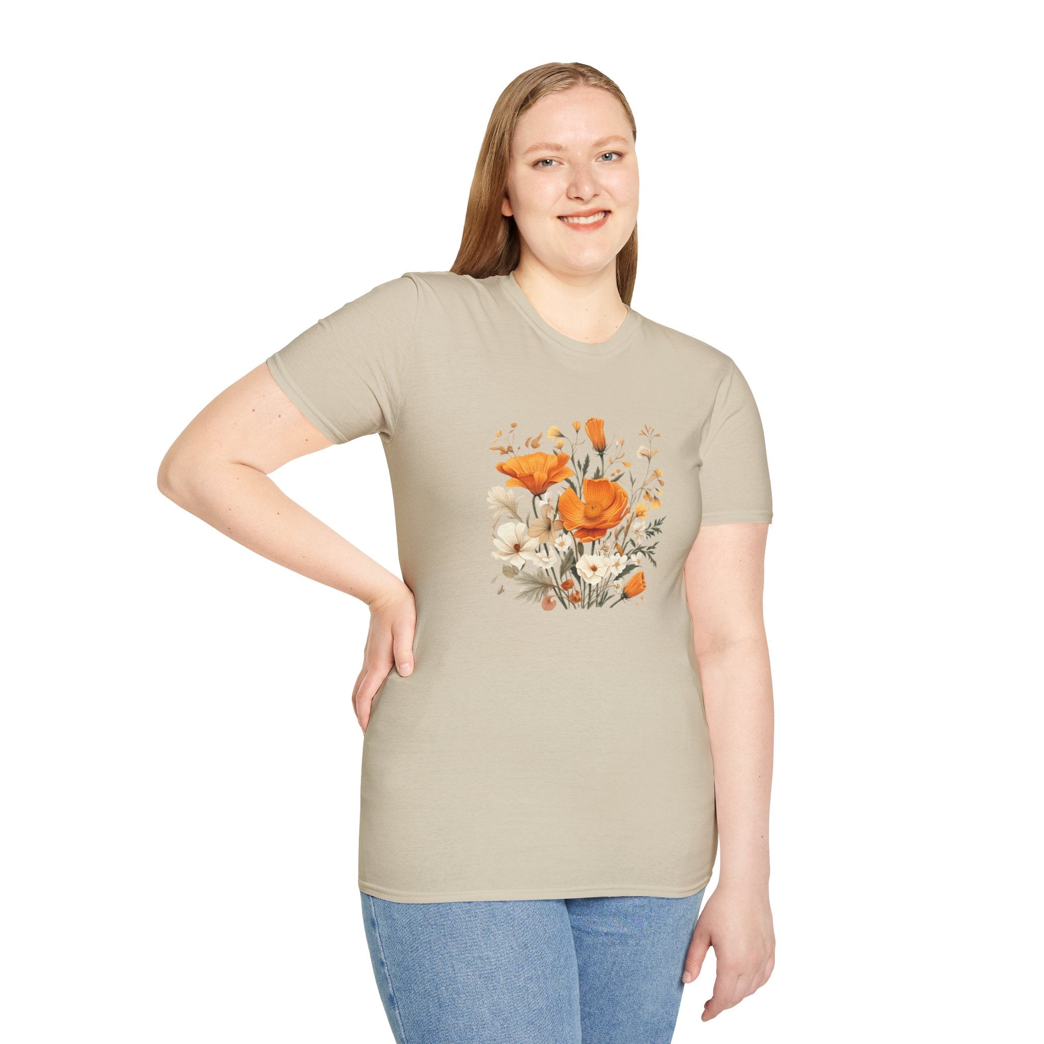 Floral Unisex T-Shirt – Bold Orange Blooms | Soft Nature Tee