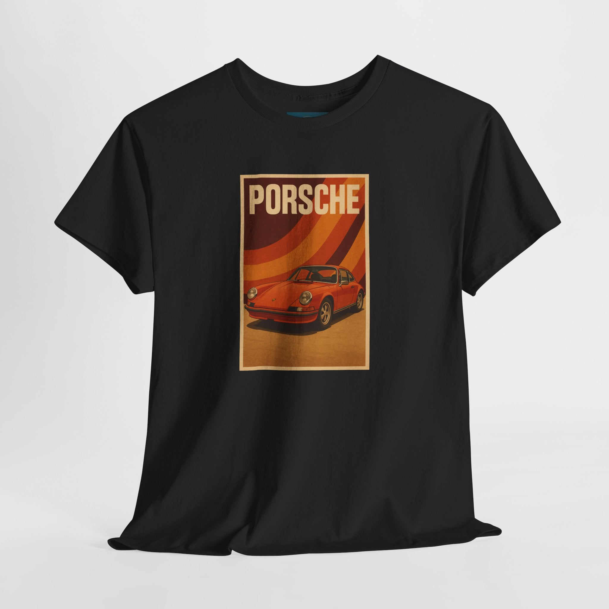 Black t-shirt with Porsche graphic design on a white background