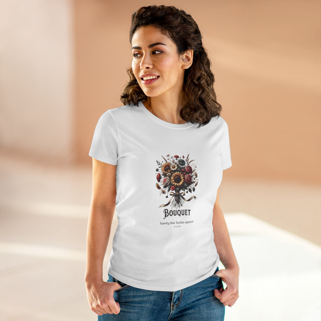 Woman wearing a white t-shirt with a floral design and 'Bouquet' text on a beige background