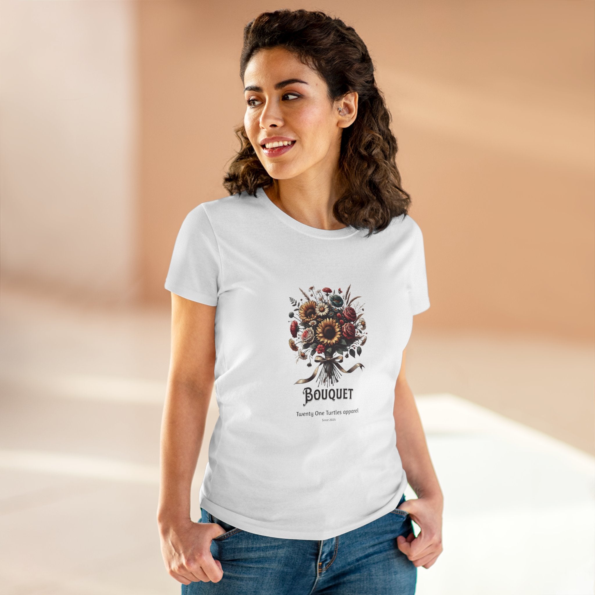 Woman wearing a white t-shirt with a floral design and 'Bouquet' text on a beige background