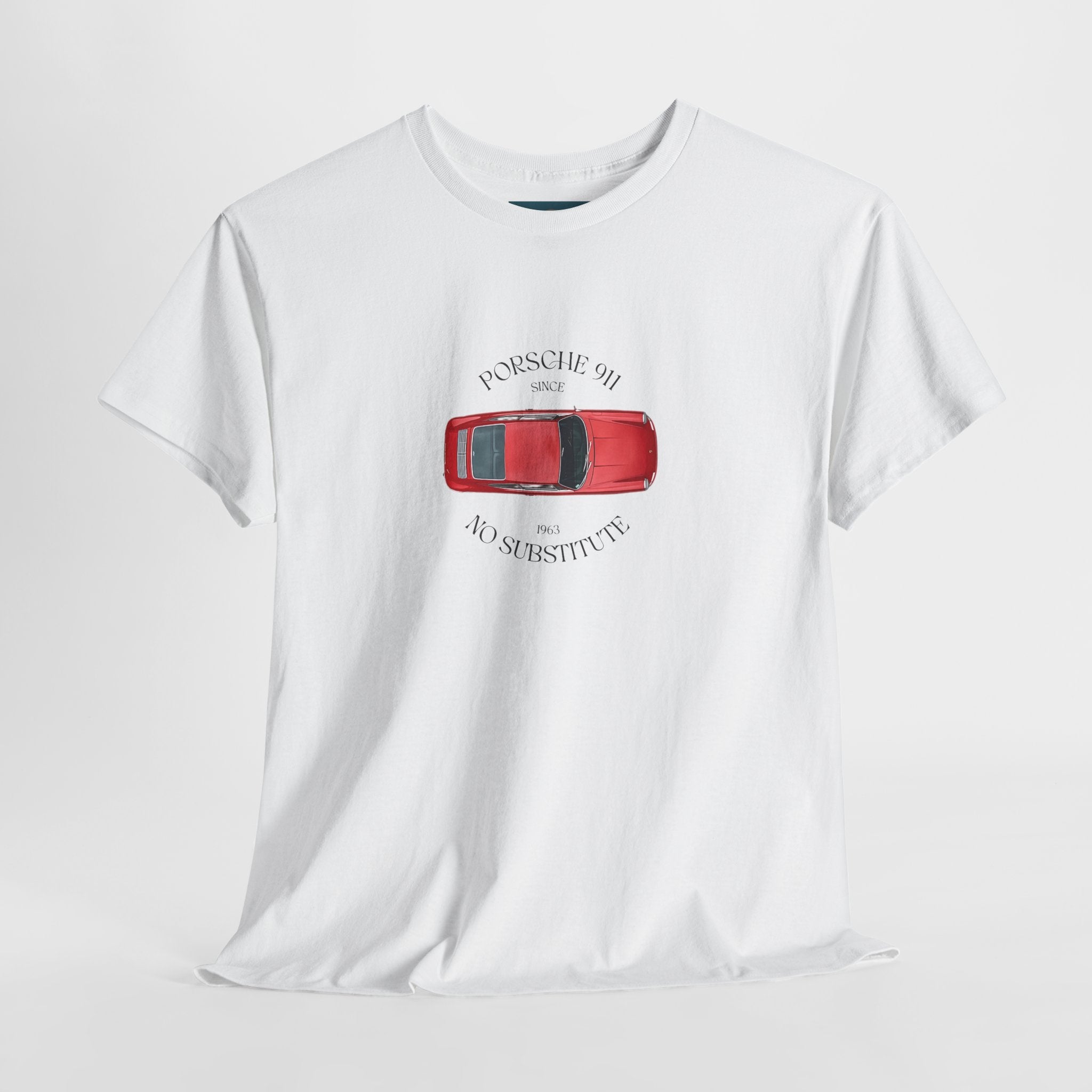 White t-shirt with red porsche 911 car graphic and text on a light gray background