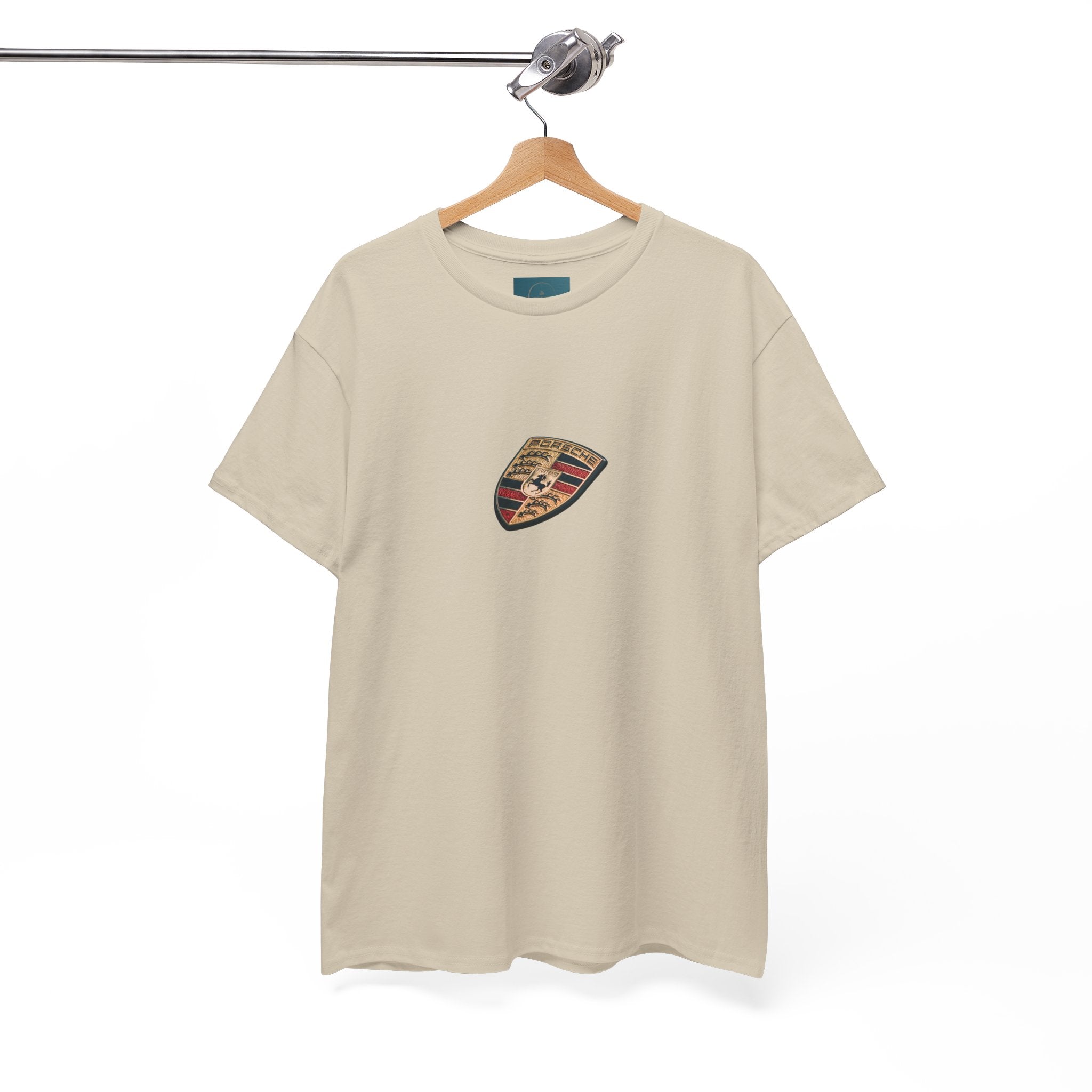 Beige t-shirt with a porsche logo on a hanger against a white background