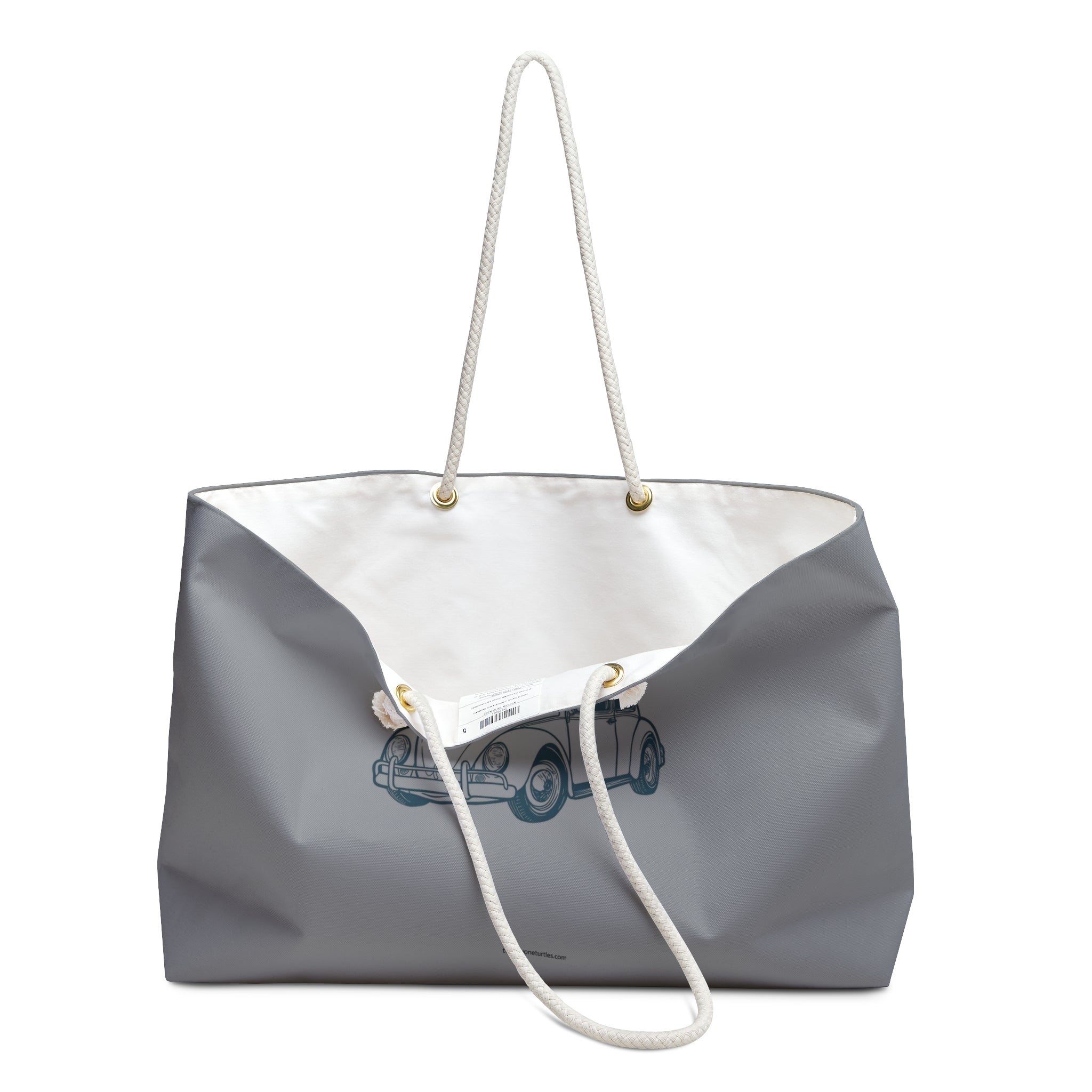 Gray tote bag with white handle on a white background
