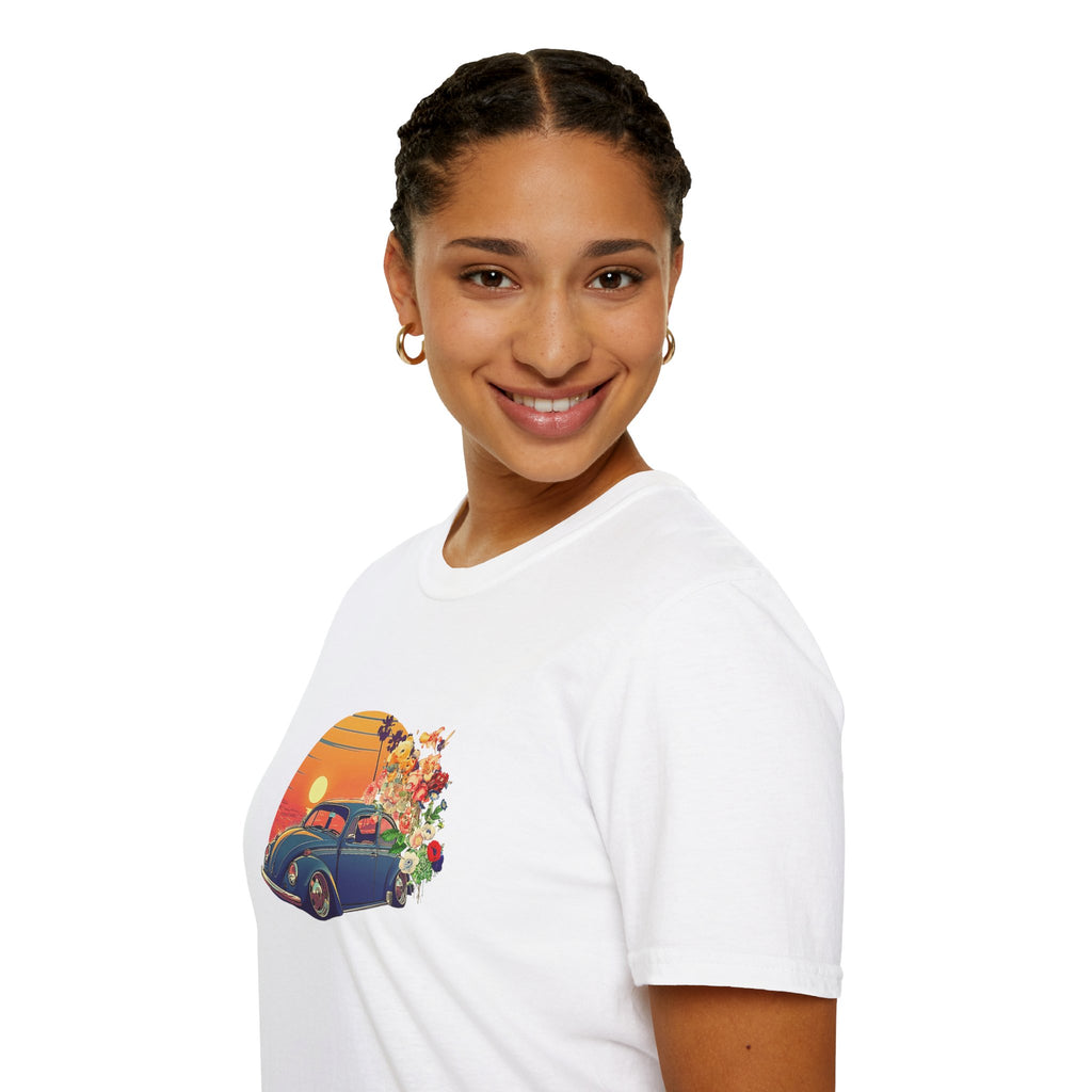 Vintage Sunset Beetle Tee – Unisex Retro Car Shirt, Summer Vibes Gift