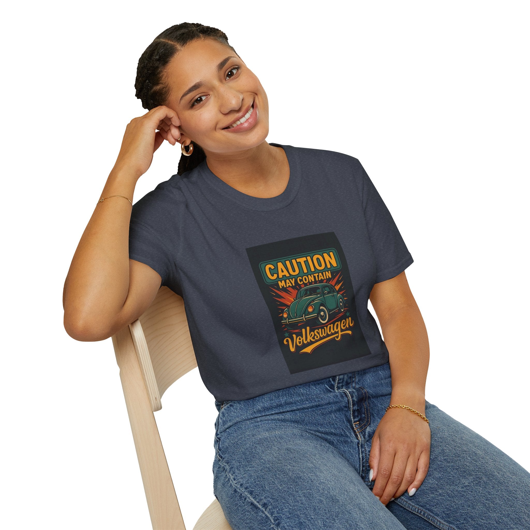 "Caution May Contain Volkswagen" T-Shirt – Vintage Car Lover Gift, Unisex Retro Auto Tee
