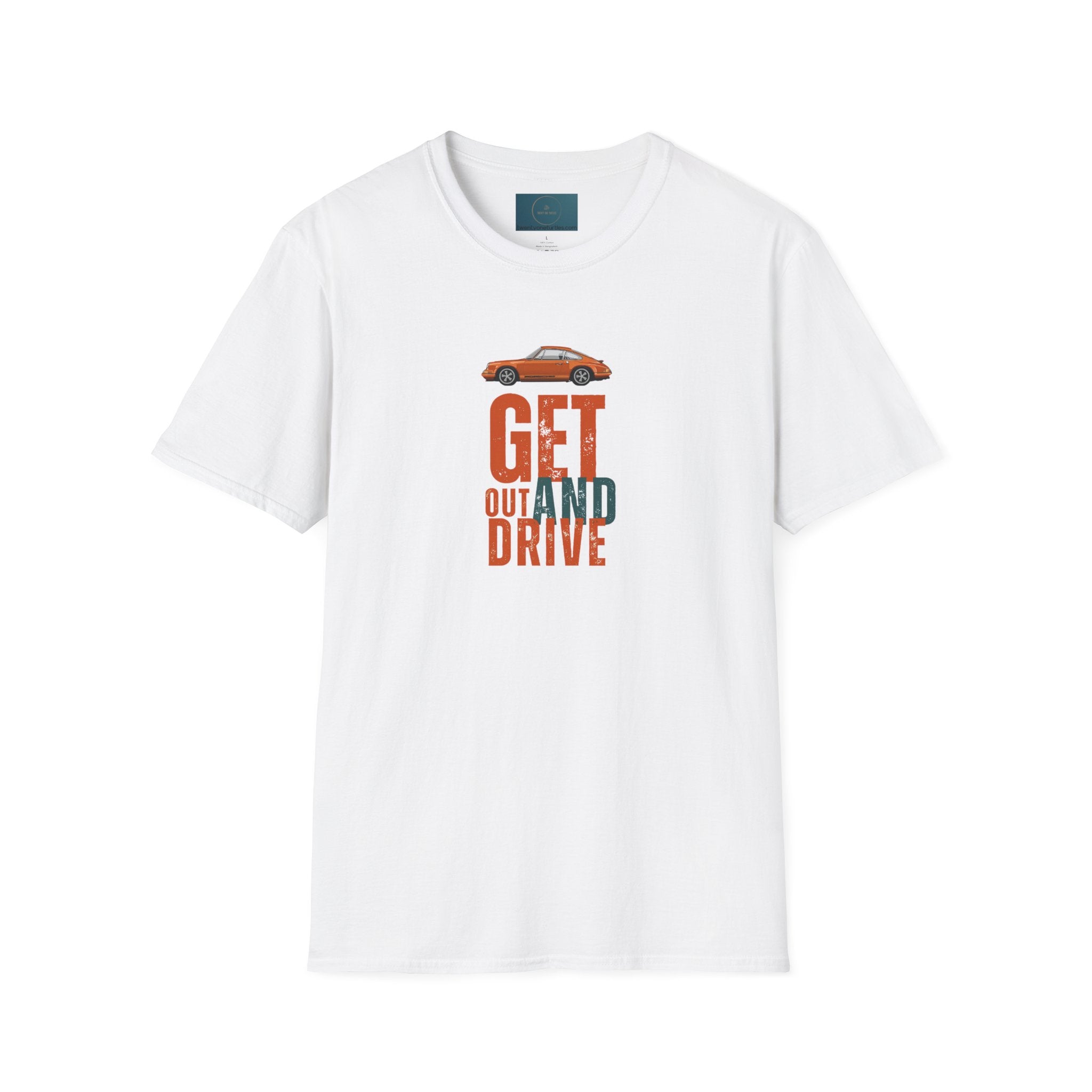 White t-shirt with a car graphic and text 'GET OUT AND DRIVE' on a white background