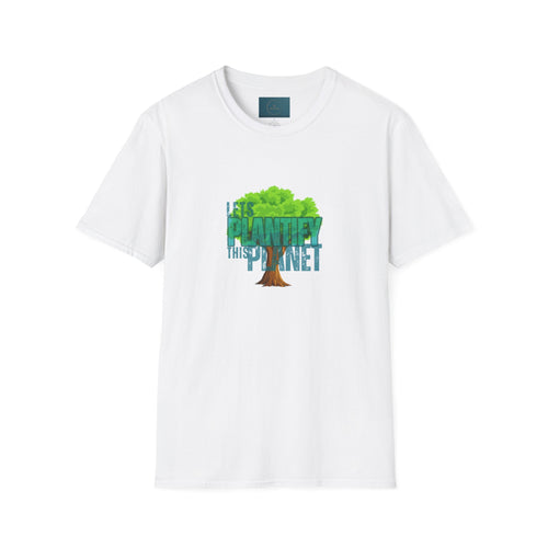 White t-shirt with a tree graphic and text on a white background