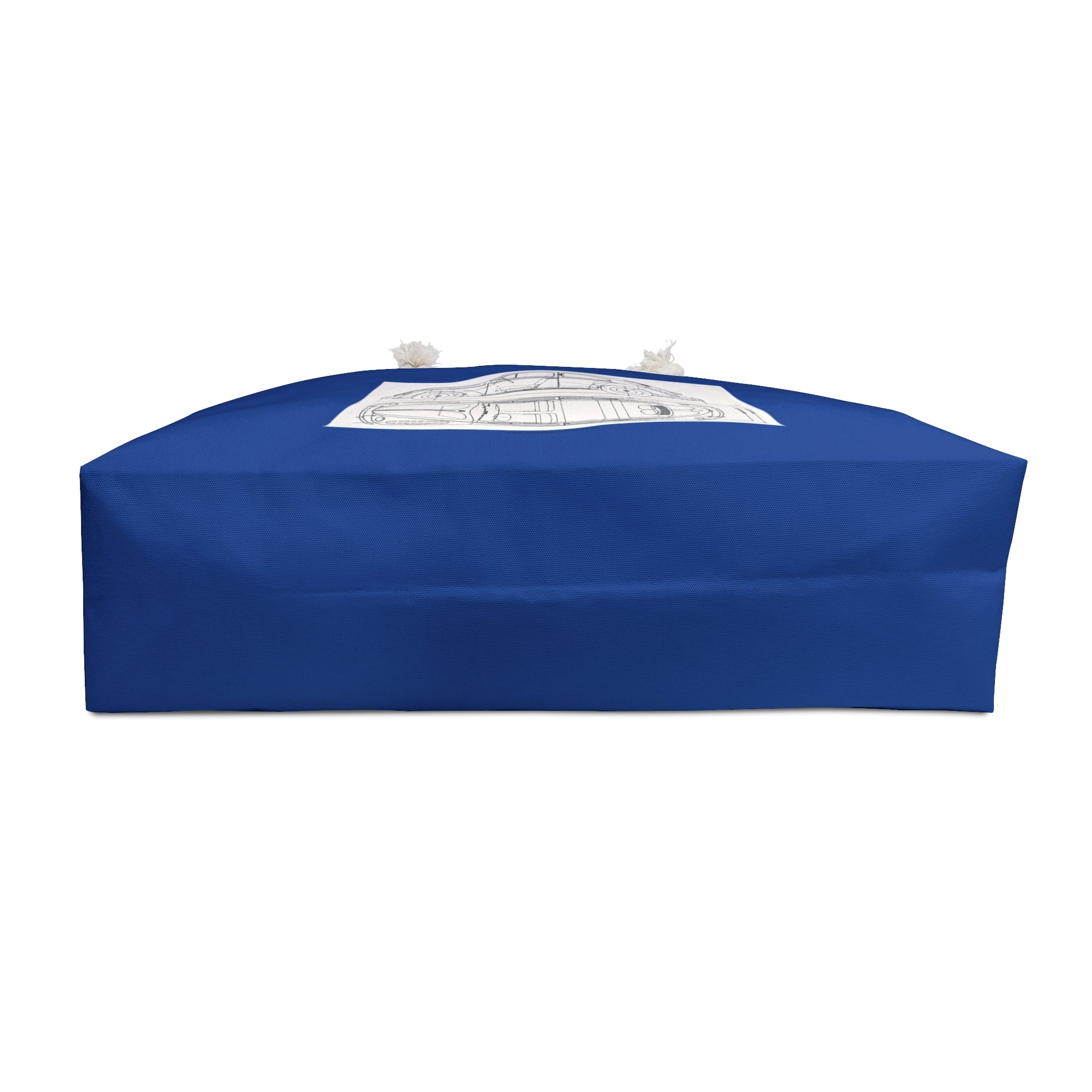Blue cushion with a white logo on a white background