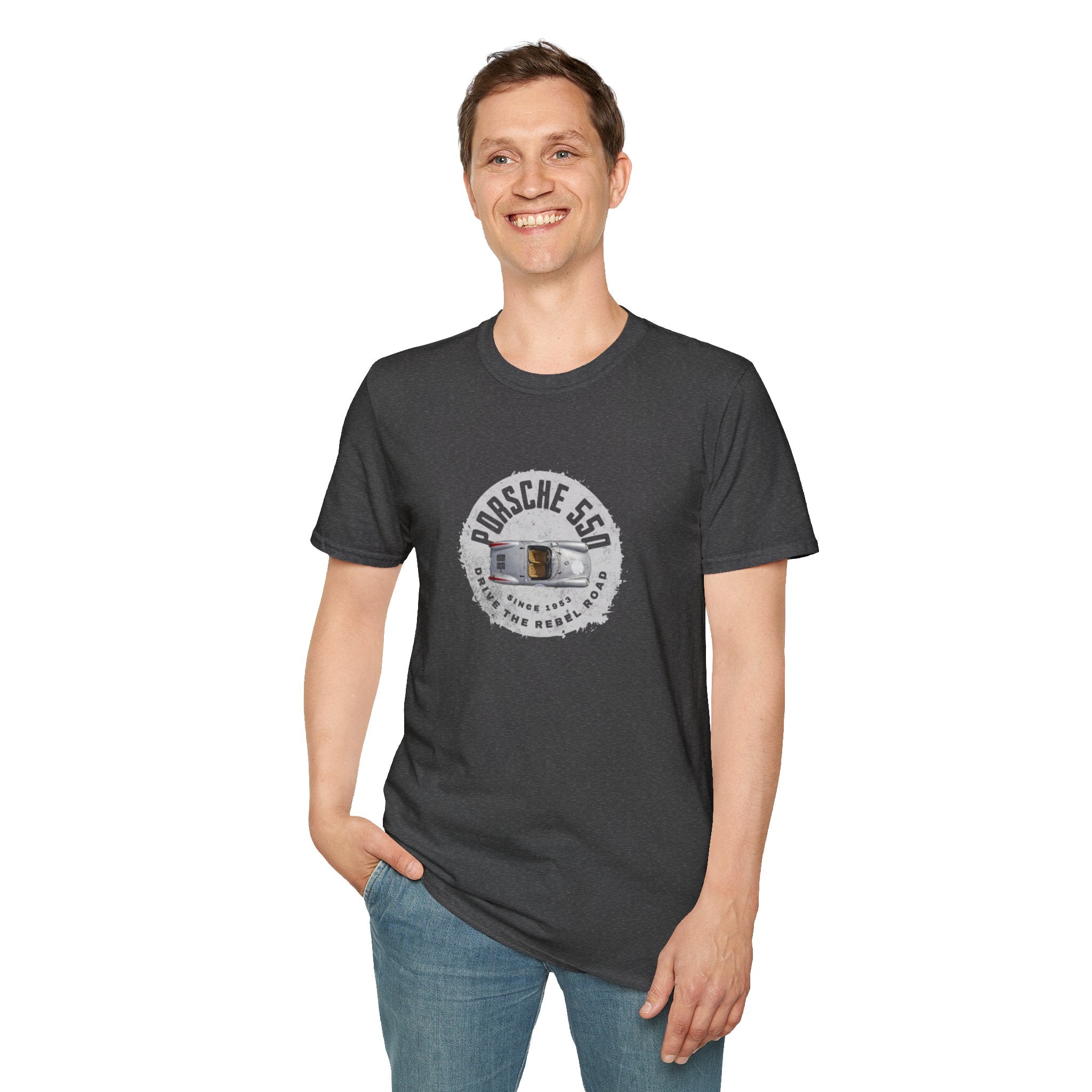 Man wearing a dark gray t-shirt with a Porsche logo on a white background