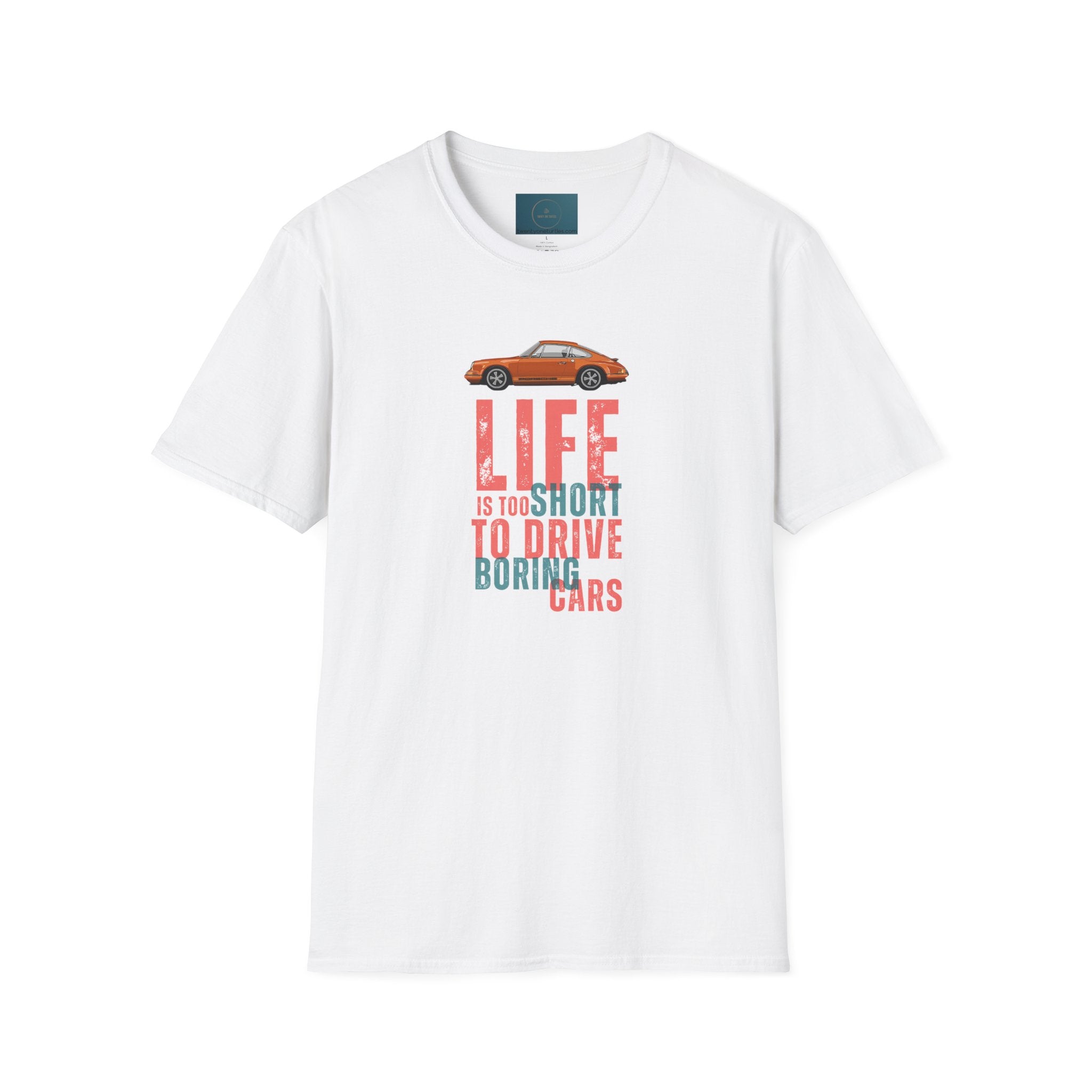 White t-shirt with car graphic and text on a white background