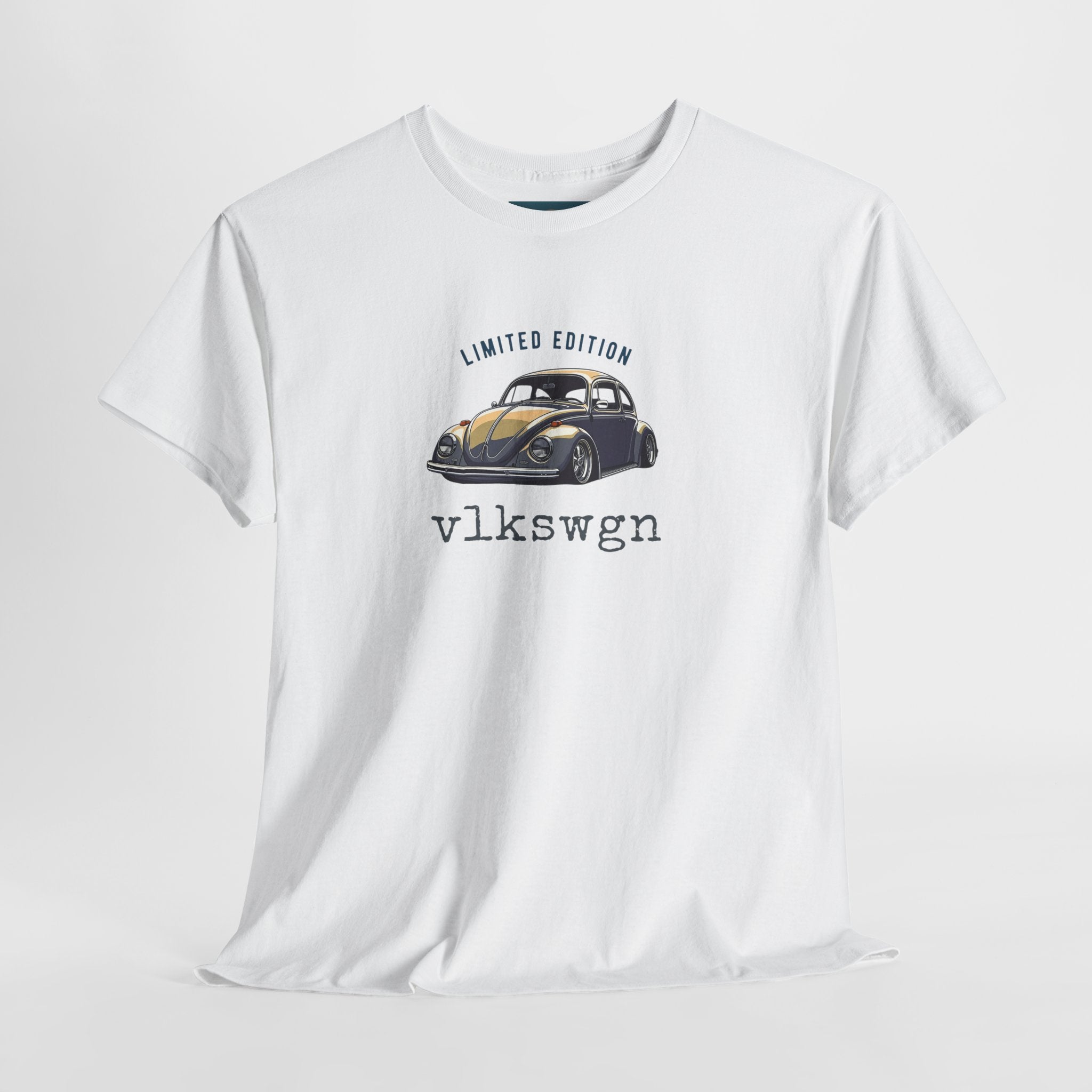 White t-shirt with a graphic of a vintage VW car and text on a white background