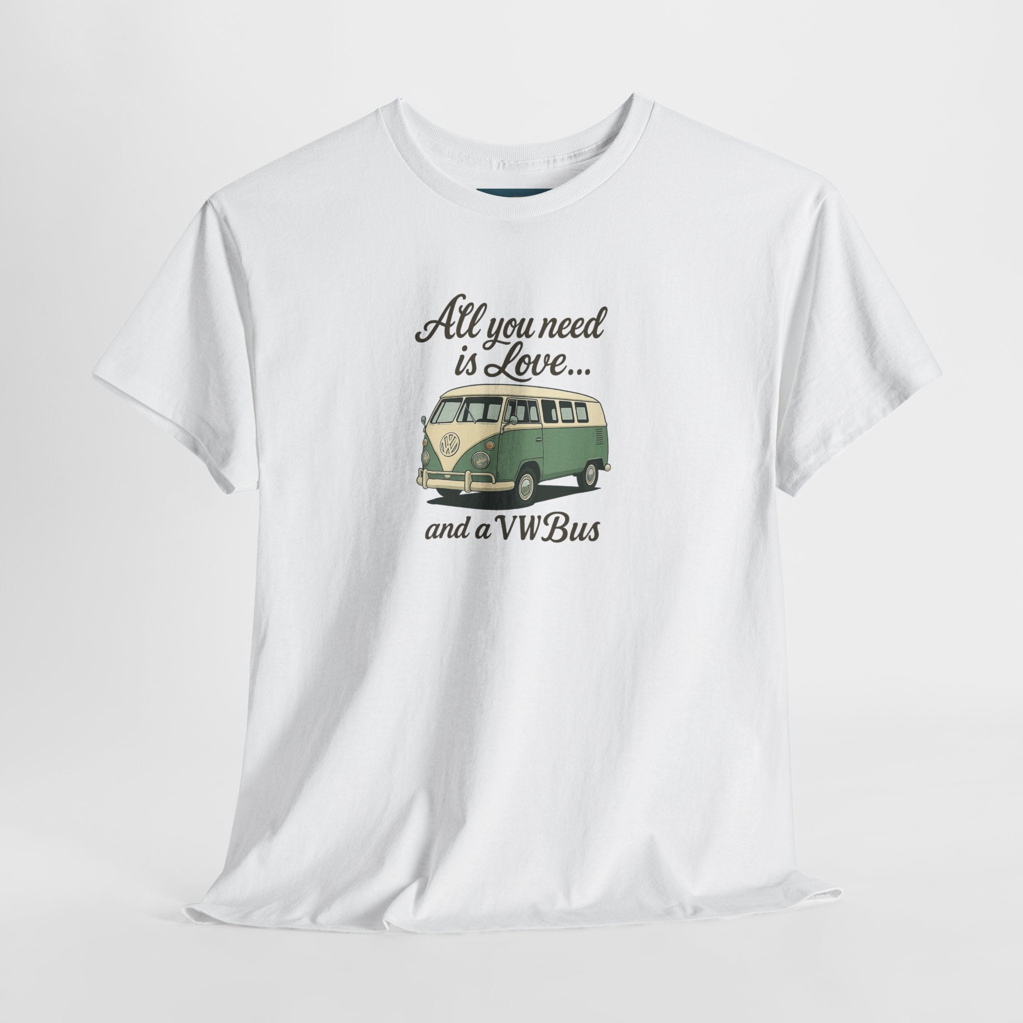 White t-shirt with a graphic of a vintage VW bus and text on a white background