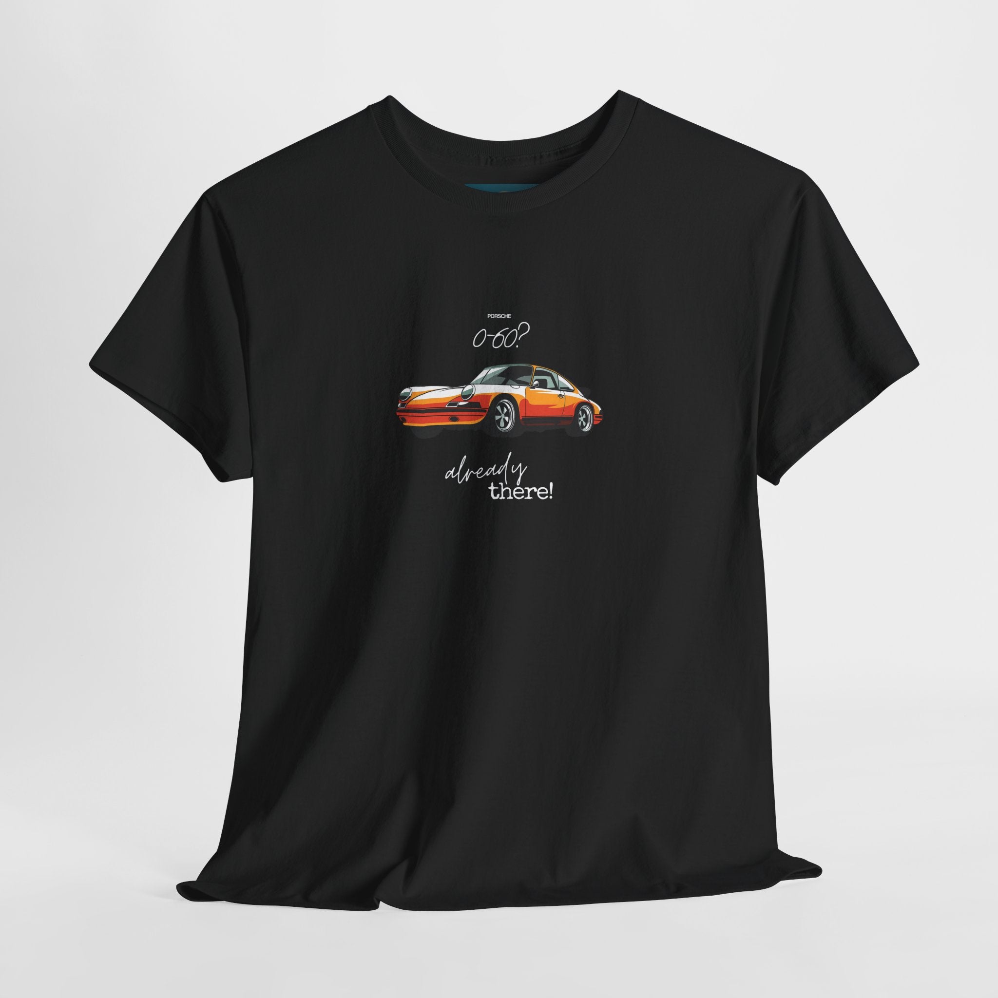 Black t-shirt with a 911 car graphic and text on a light gray background