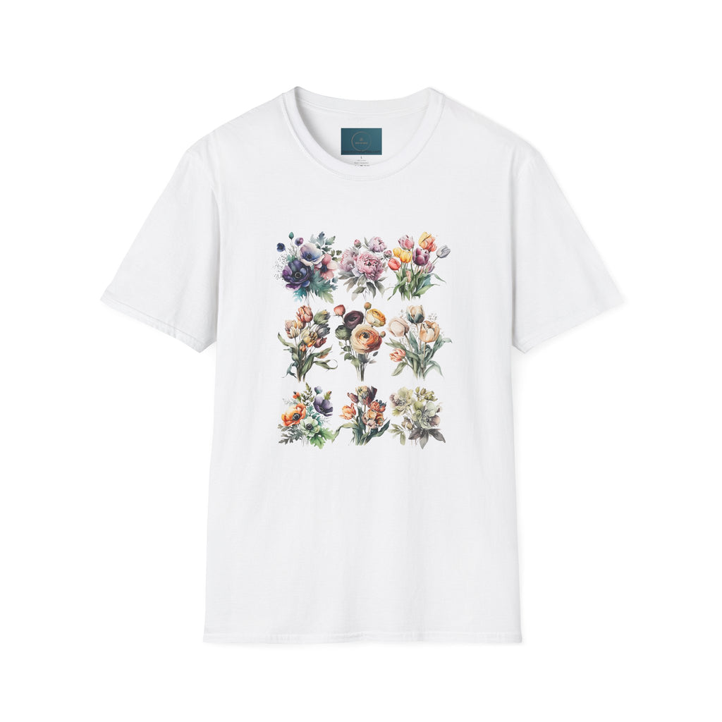 White t-shirt with floral design on a white background