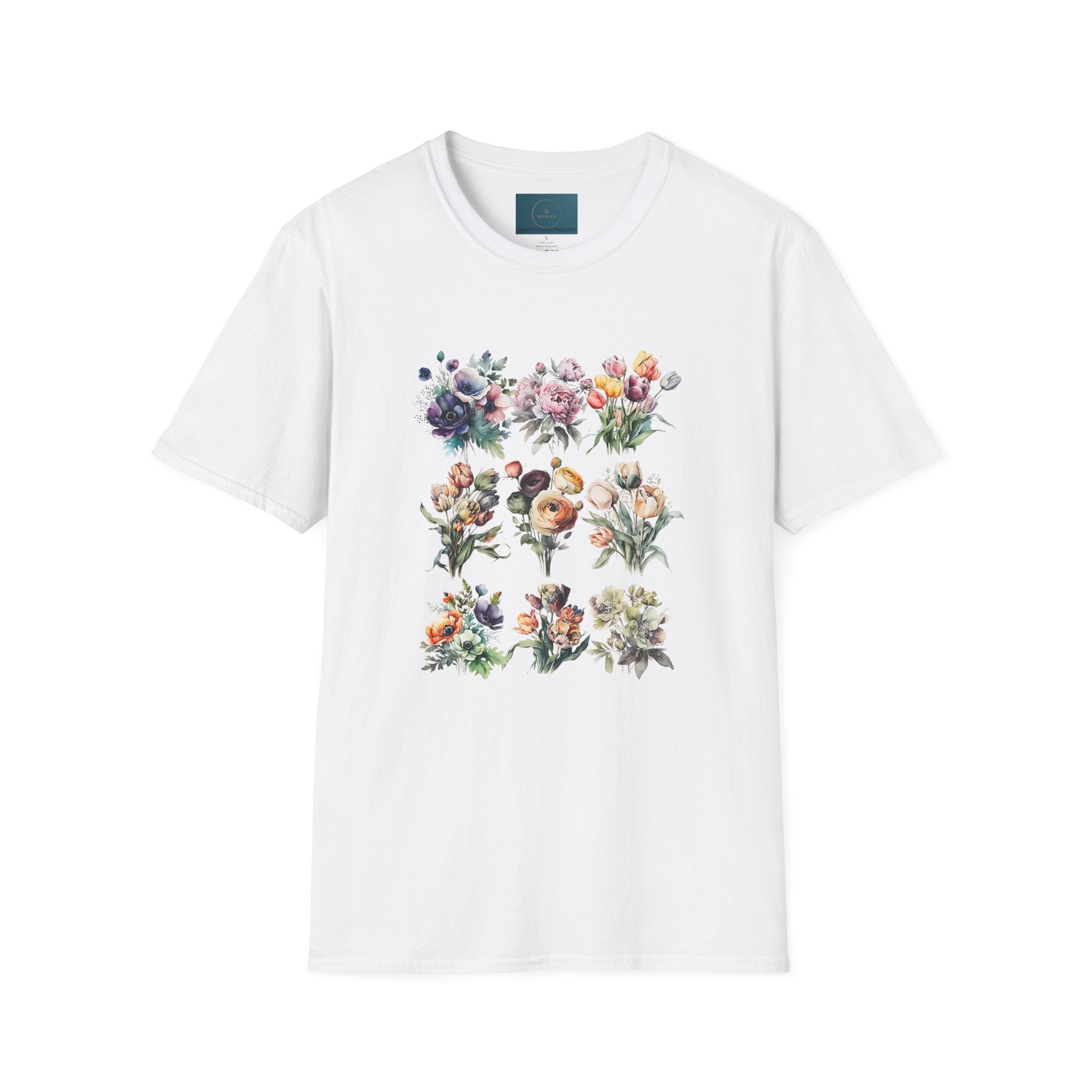 White t-shirt with floral design on a white background