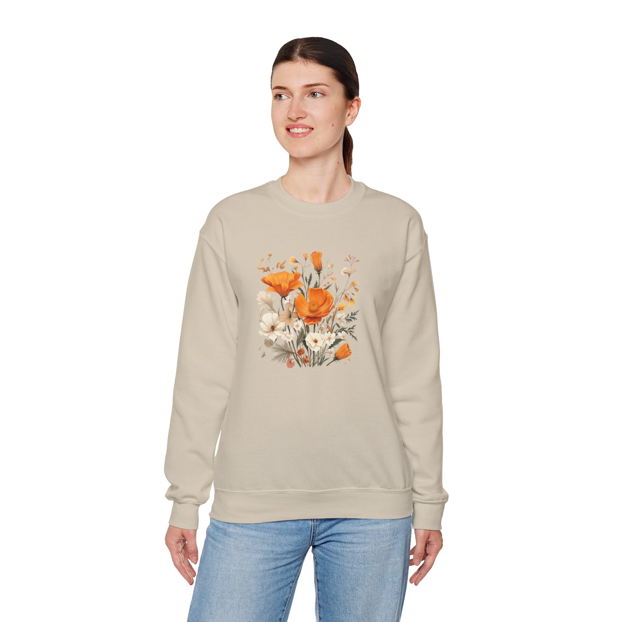 Floral Print Sweatshirt – Bold Orange Blooms | Cozy Nature-Inspired Gift & Spring Fashion